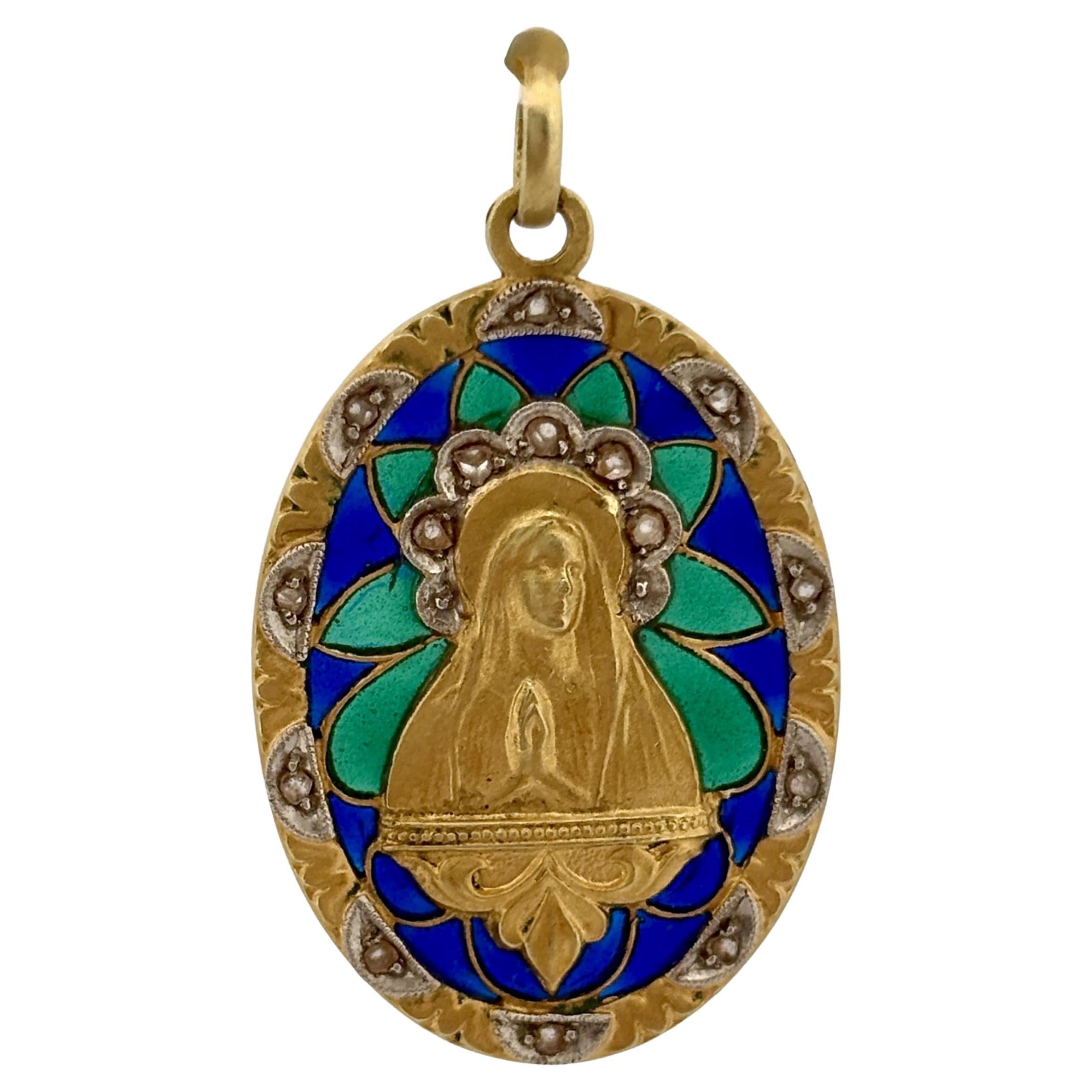 Ciondolo antico con medaglia Madonna Plique-a-Jour in oro giallo 18 ct.