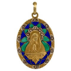 Antique Plique-a-Jour Virgin Mary Madonna Medal Pendant 18k Yellow Gold