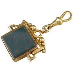 Antique Pocket Watch Fob, Cornelian, Bloodstone Yellow Gold, Birmingham, 1919