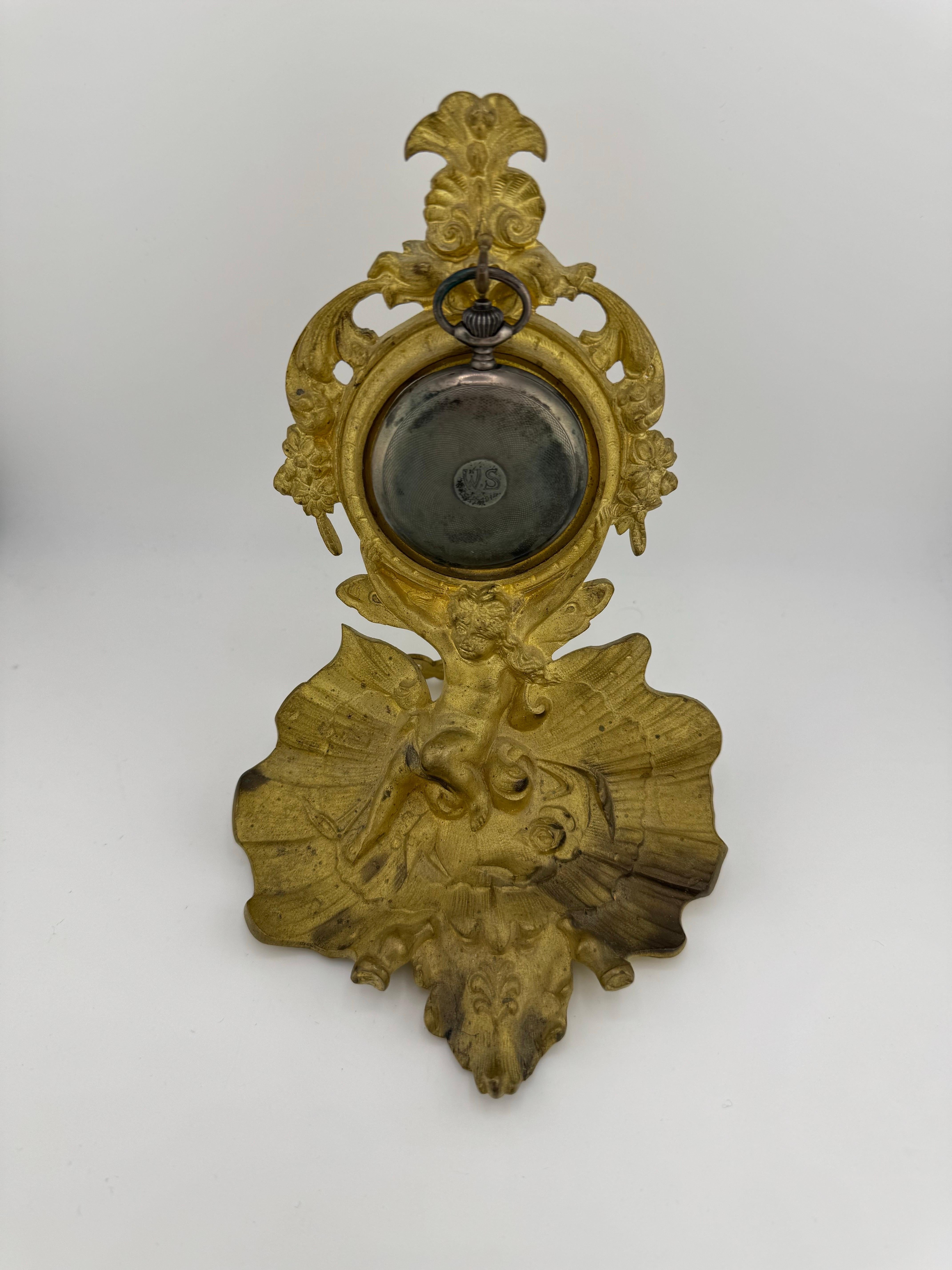Antique pocket watch holder applies 19th century putto on oyster For Sale 1