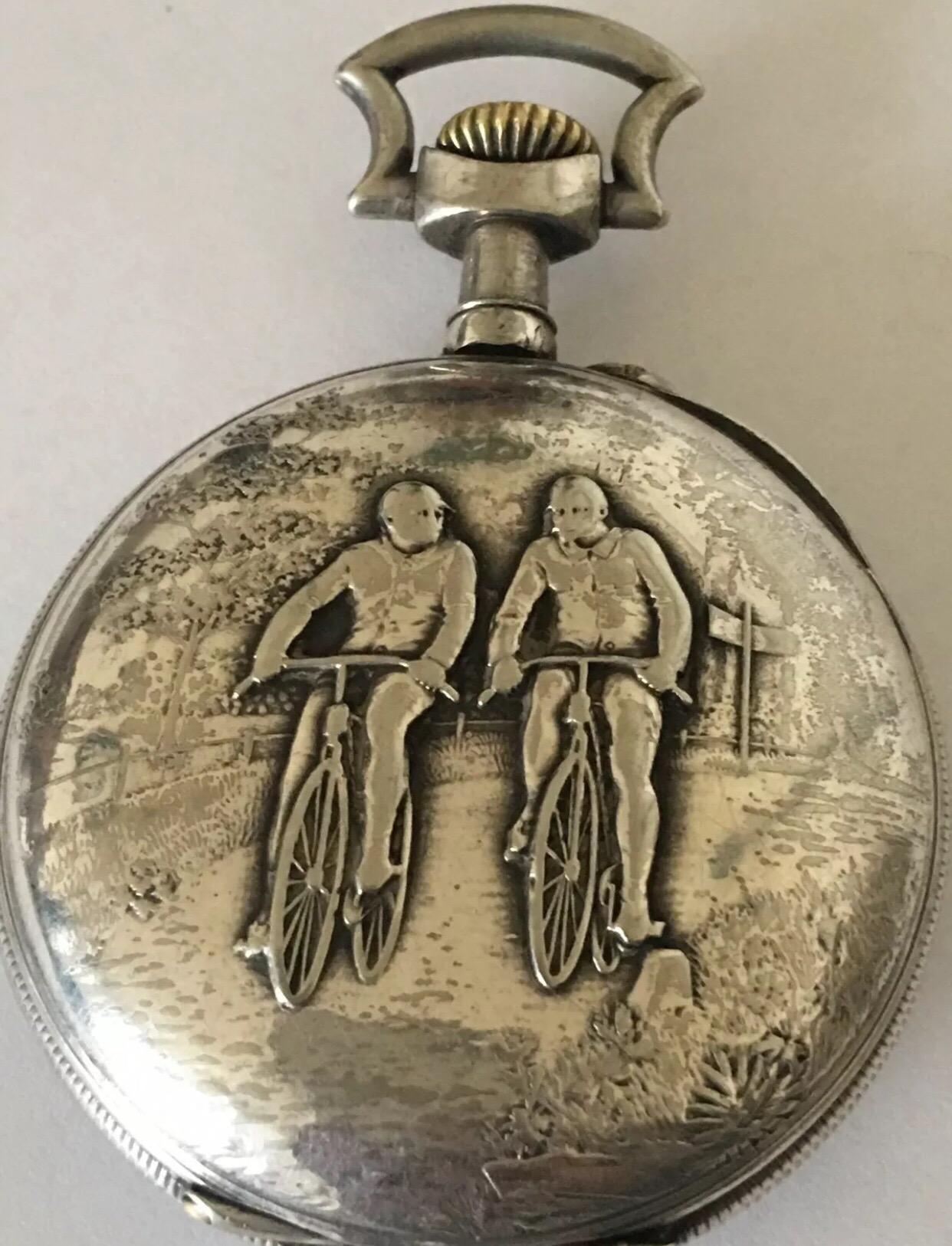 
This Stem wind Antique Pocket Watch is working and ticking nicely. Visible Crack on the Glass.


Illustrating Cyclist Along The beautiful Countryside.