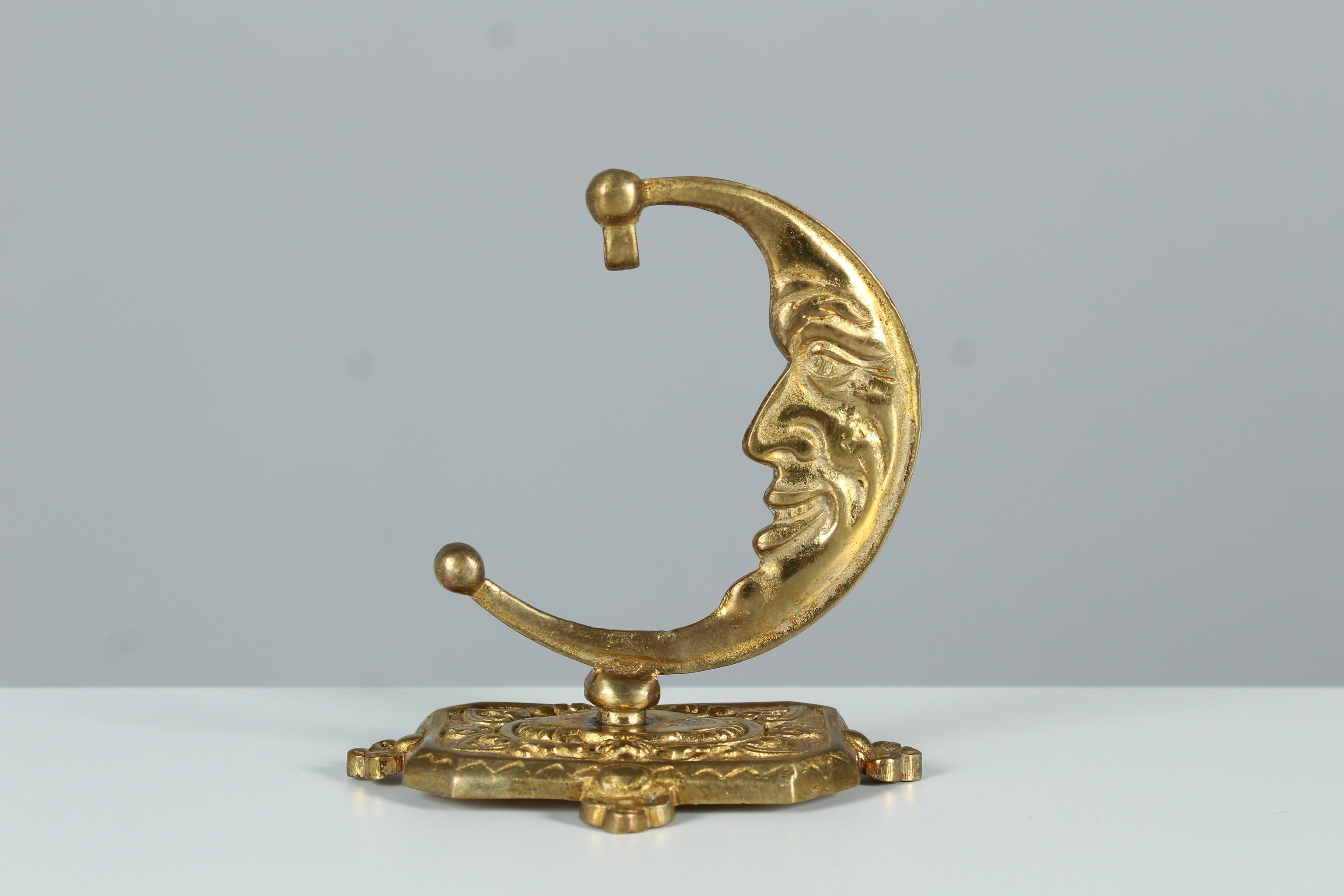 French Antique Pocket Watch Stand Moon, Brass, Art Nouveau, France, 1910s For Sale