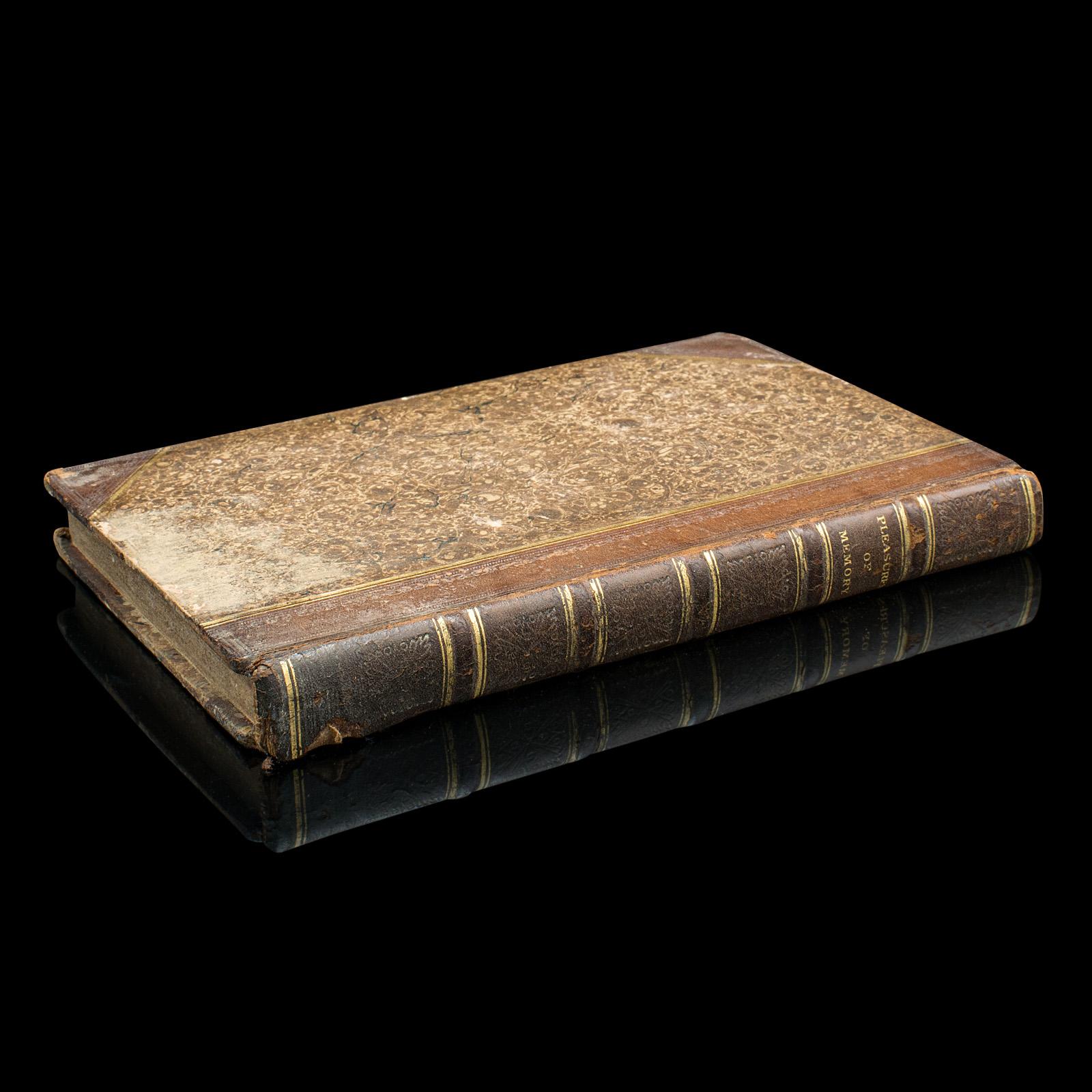 This is an antique copy of Pleasures of Memory by Samuel Rogers. An English, hard bound collection of poetry, published in London in the Georgian period, 1803.

A contemporary of Wordsworth, Byron and other Romantic poets, Samuel Rogers (1763 -