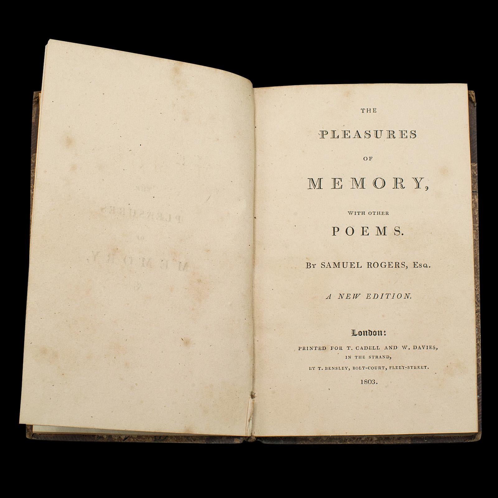 British Antique Poetry Book, Pleasures of Memory, Samuel Rogers, English, Georgian, 1803 For Sale