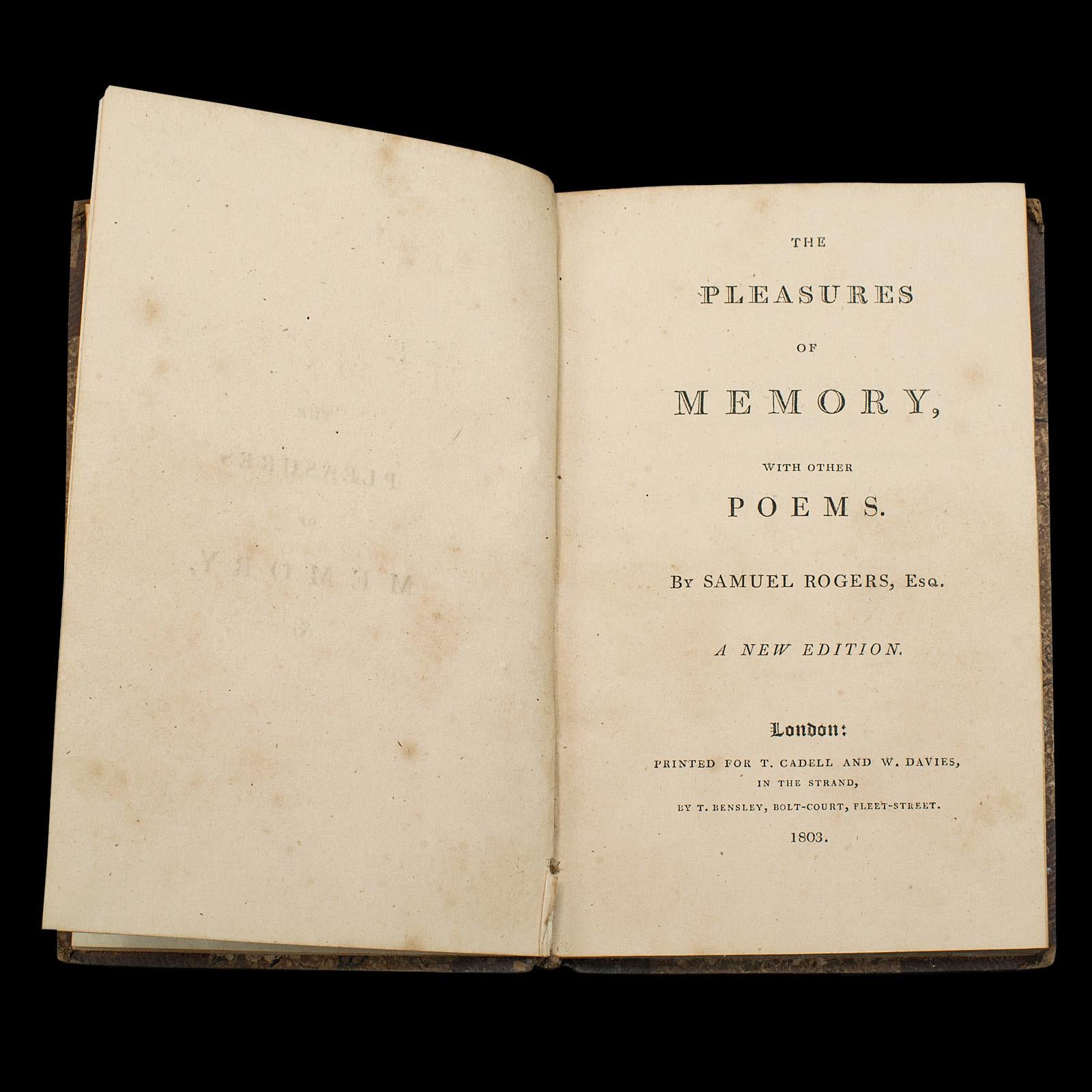 Britannique Livre de poésie ancien, Pleasures of Memory, Samuel Rogers, anglais, géorgien, 1803 en vente