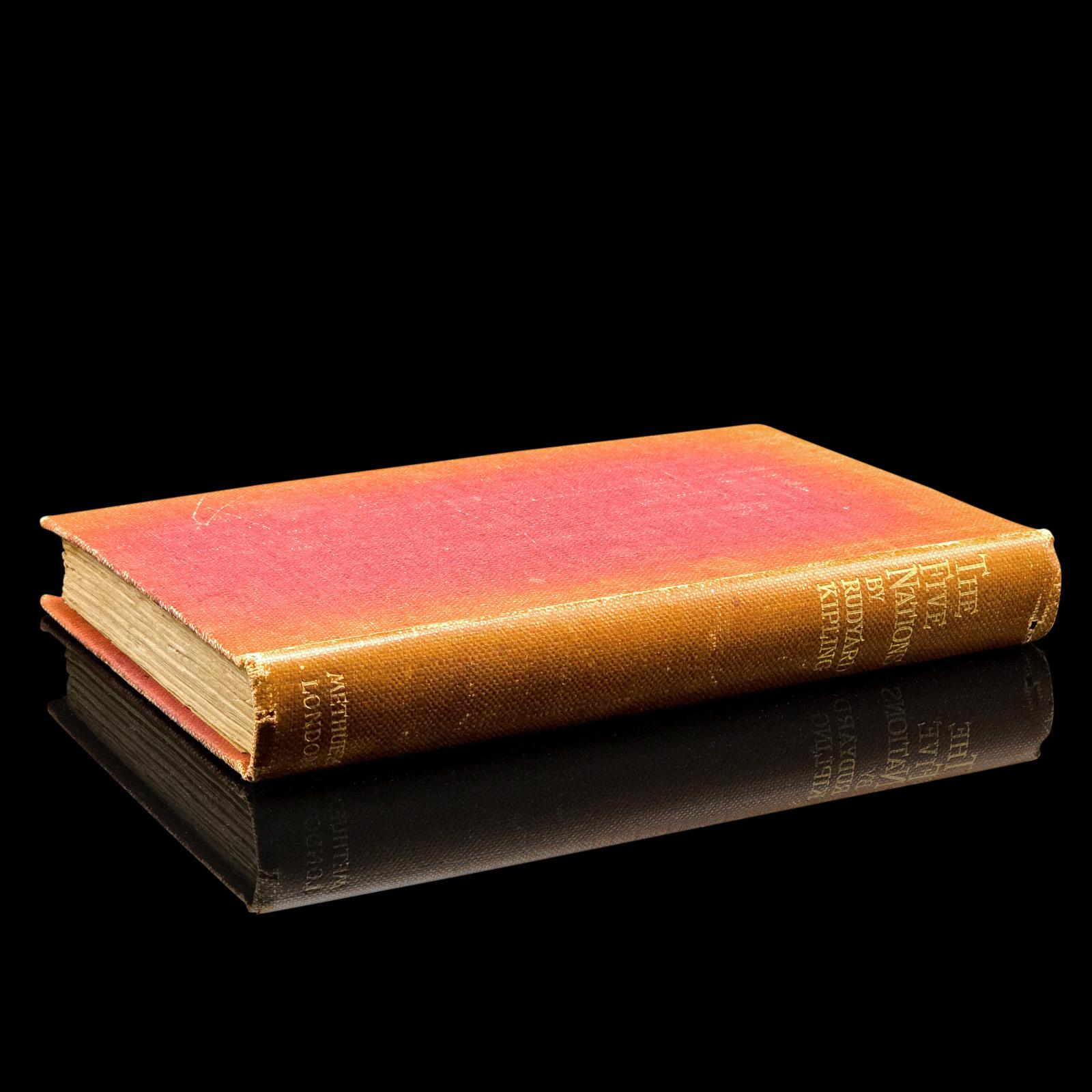 This is an antique copy of The Five Nations by Rudyard Kipling, an evocative bound poetry collection published in 1903. Presented in intact, original order with only light markings, the volume curates fifty poems across 215 pages, with an additional