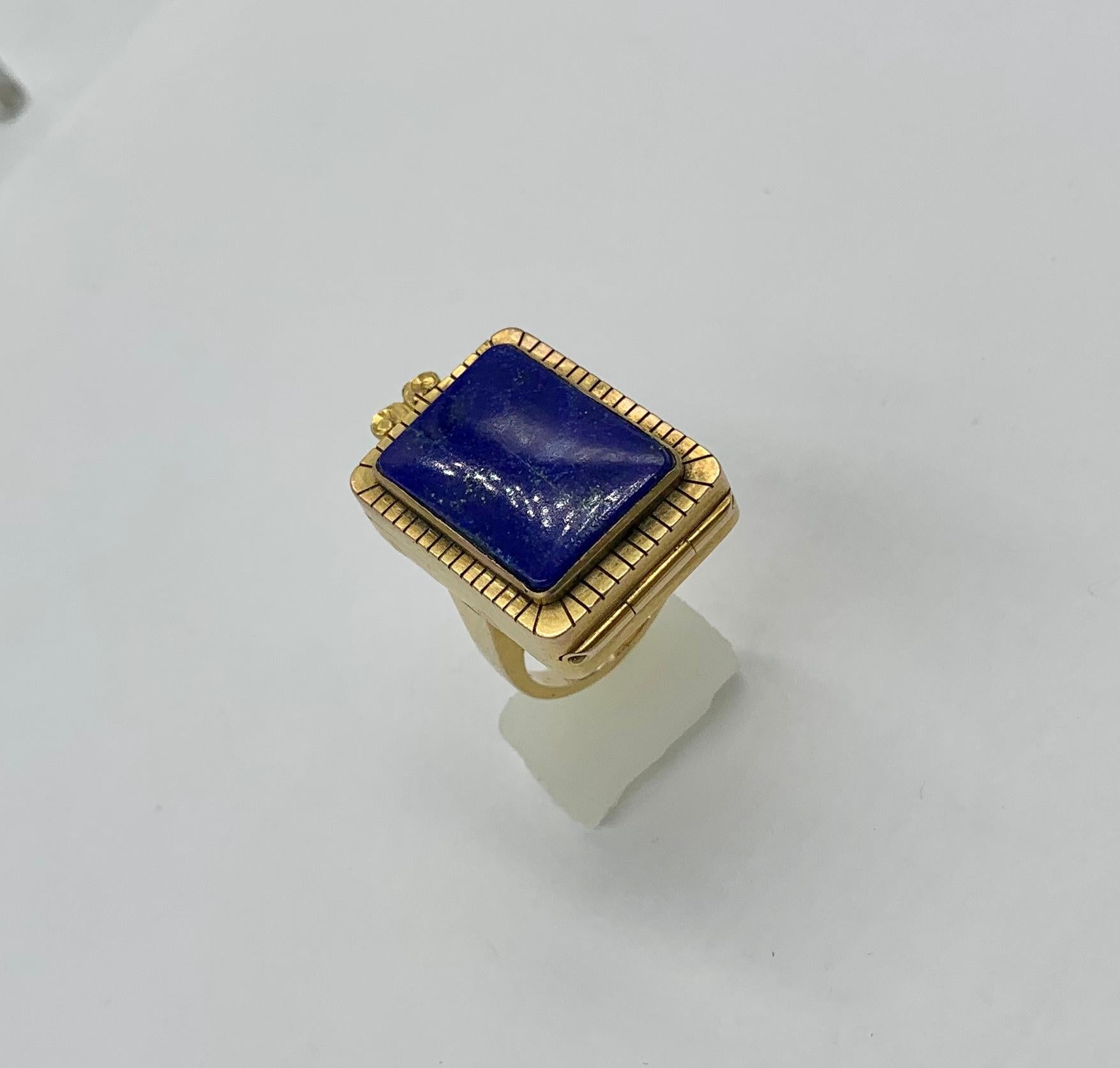 Women's or Men's Antique Poison Ring Locket Ring Lapis Lazuli 14 Karat Gold
