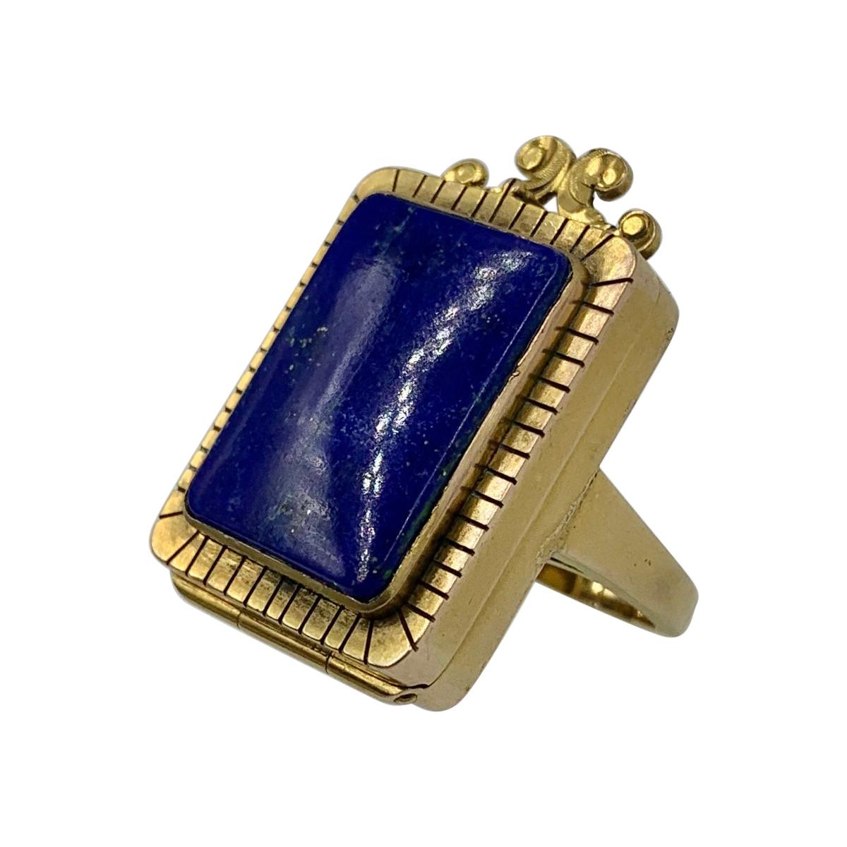 Antique Poison Ring Locket Ring Lapis Lazuli 14 Karat Gold