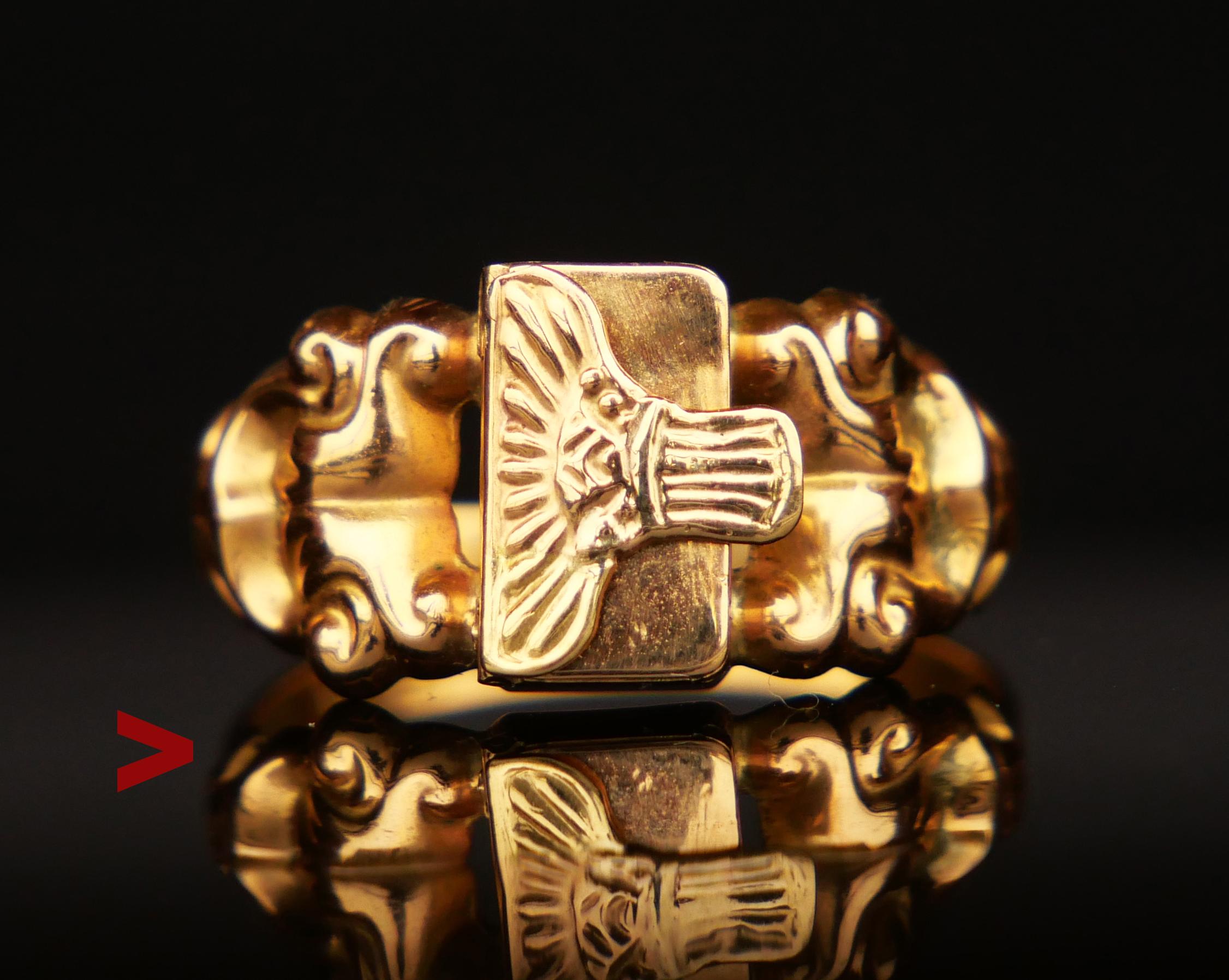 
Poison Ring in solid 18K Yellow Gold with hidden folding compartment on the crown.. Both hinged halves of the cover open and close ,it shuts pretty tightly and can only be lifted using a tip of the nail. Unisex model, will look great on Man's or