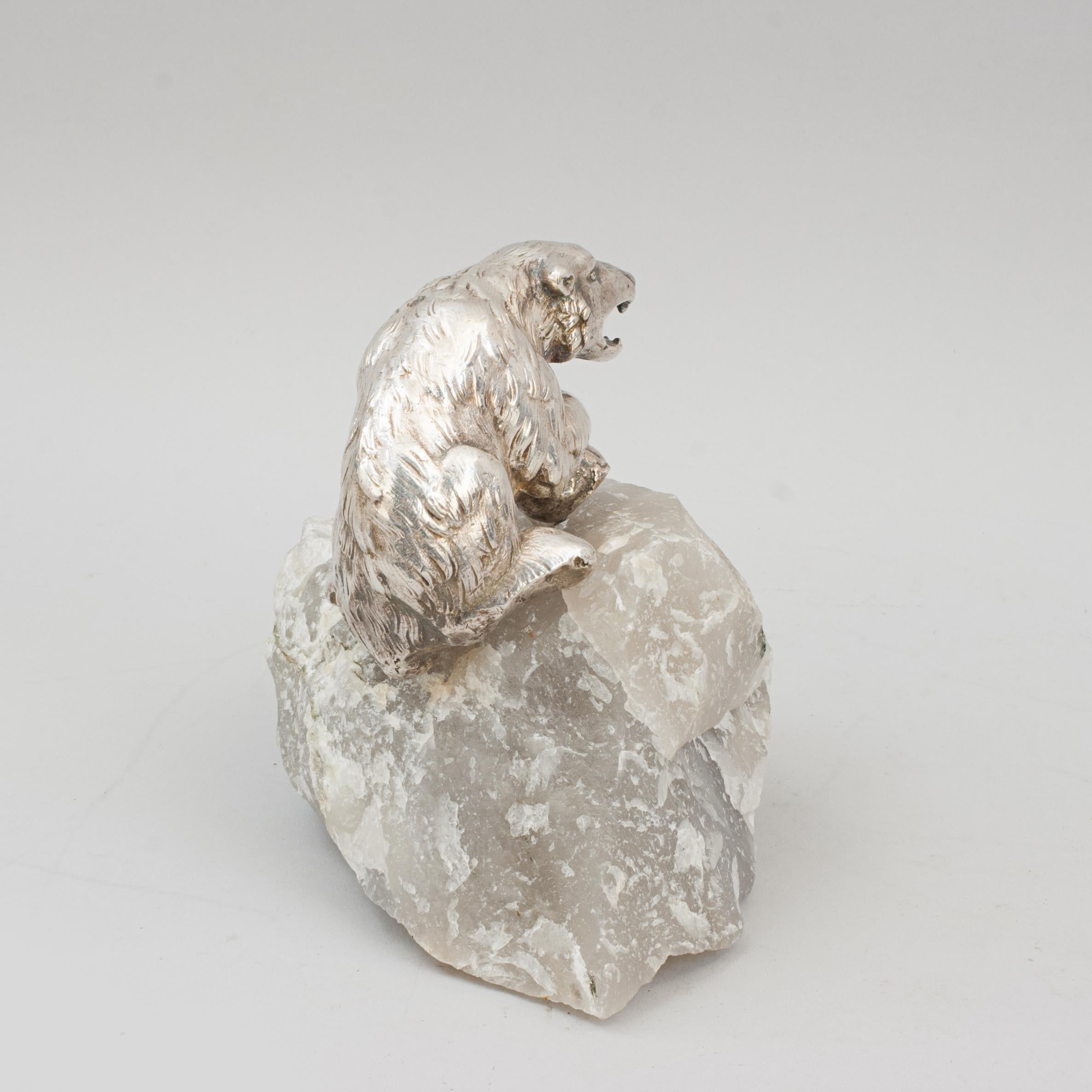 Mid-20th Century Antique Polar Bear Cub in Silver Plate on Quartz Rock For Sale