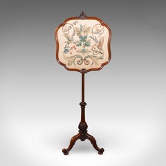 Antique Pole Screen, English, Embroidered Fire Panel, Reflector, Early Victorian