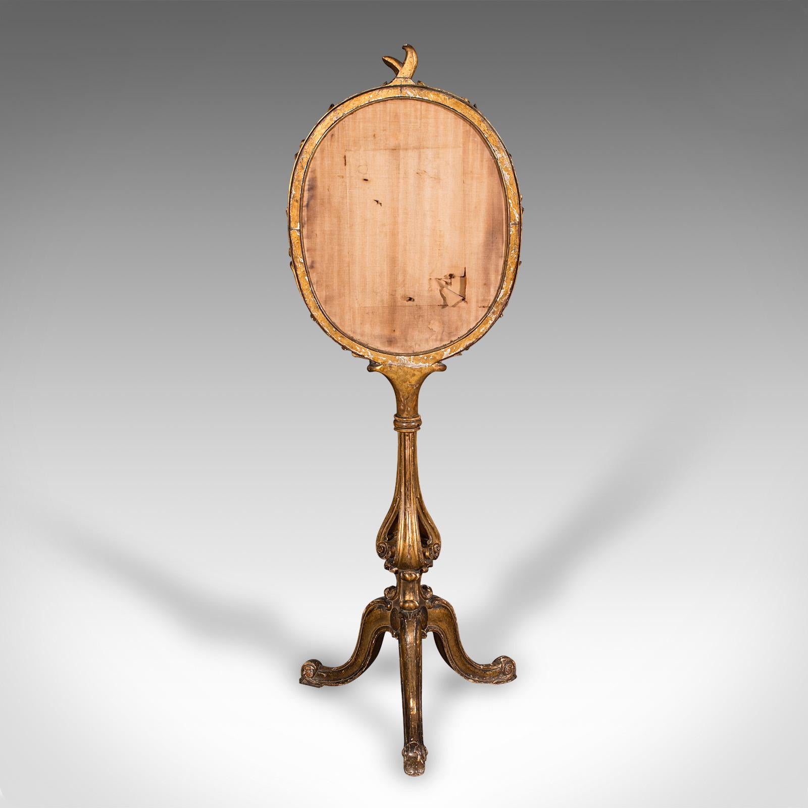 19th Century Antique Pole Screen, English, Giltwood, Glass, Fireside Reflector, Regency, 1820 For Sale