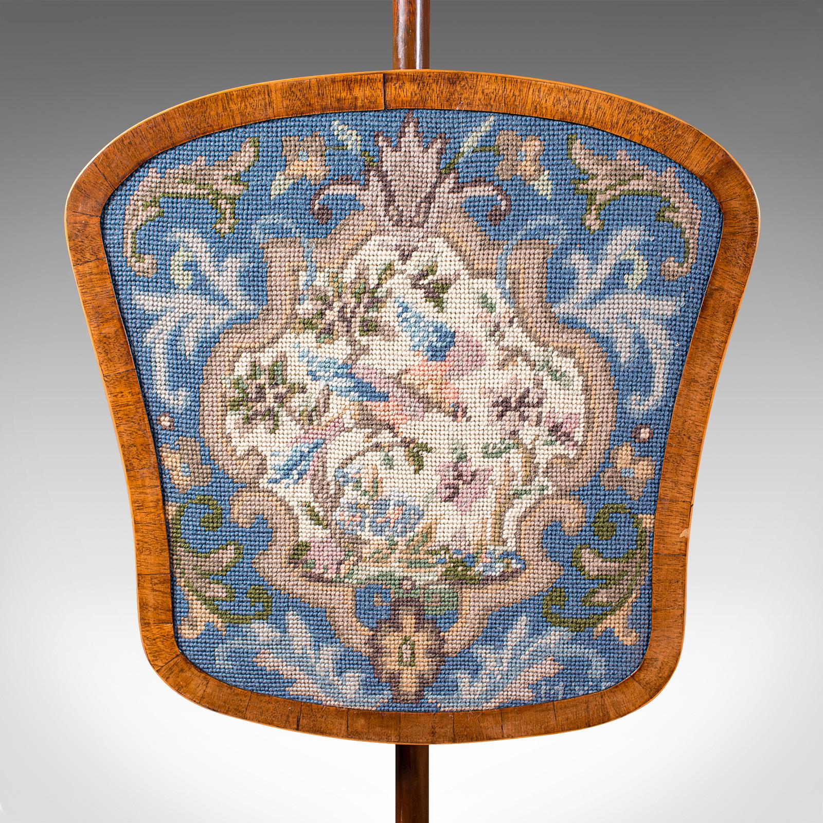 Wood Antique Pole Screen, English, Needlepoint, Fire Shield, Tapestry, Regency, 1820 For Sale