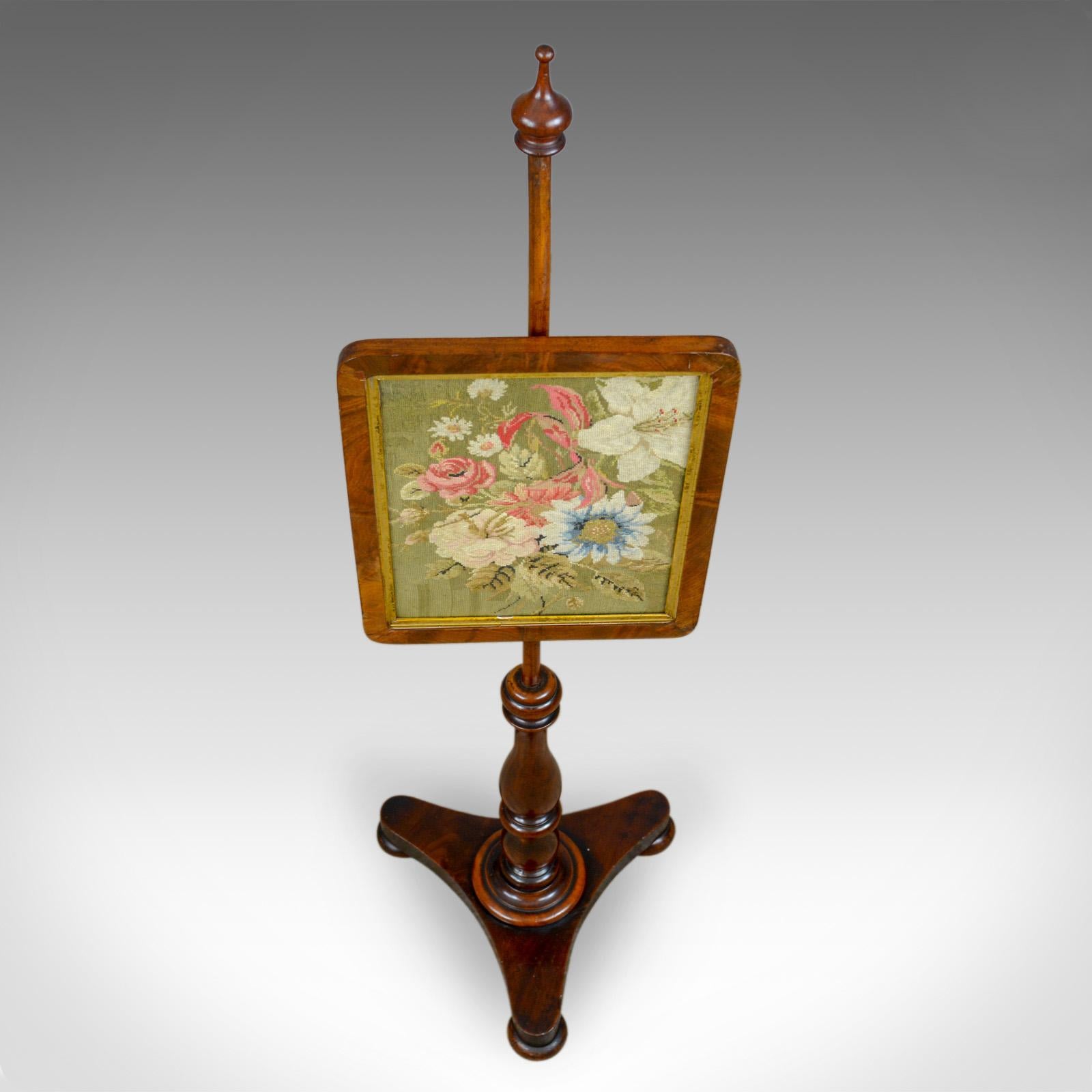 19th Century Antique Pole Screen, English, Regency, Walnut, Fire, Needlepoint, Tapestry