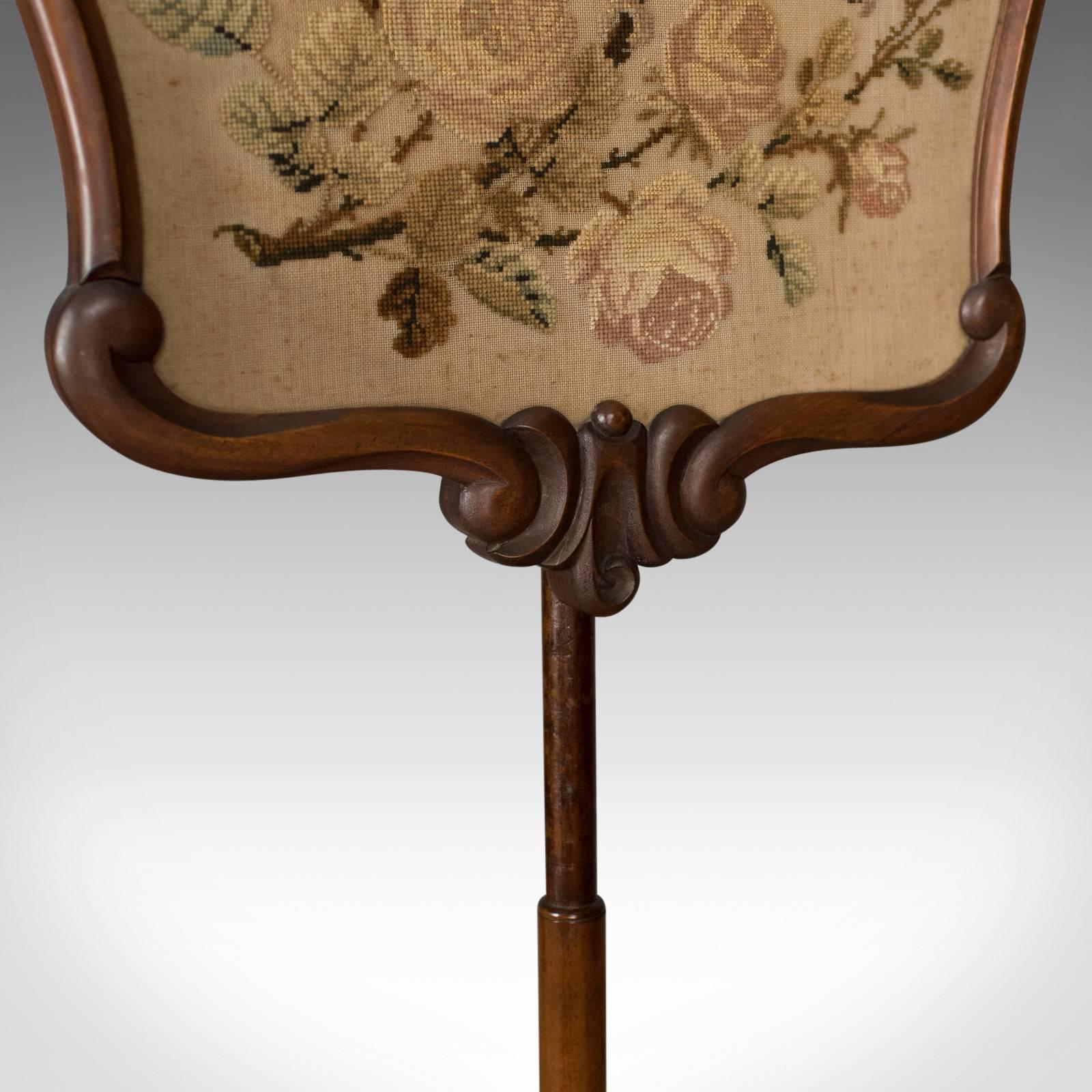 19th Century Antique, Pole Screen, English, Victorian, Fire, Needlepoint, Tapestry circa 1850