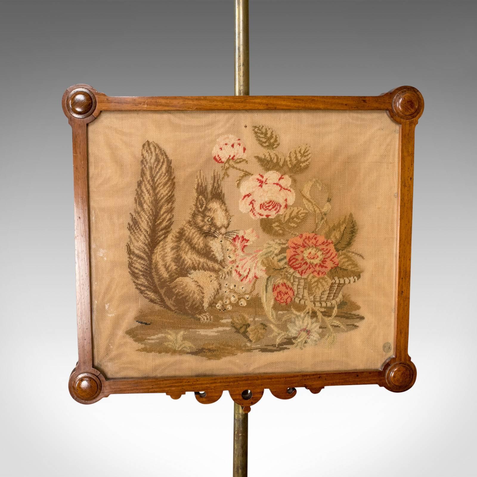 19th Century Antique Pole Screen, English, Victorian, Needlepoint, Tapestry Panel, circa 1860