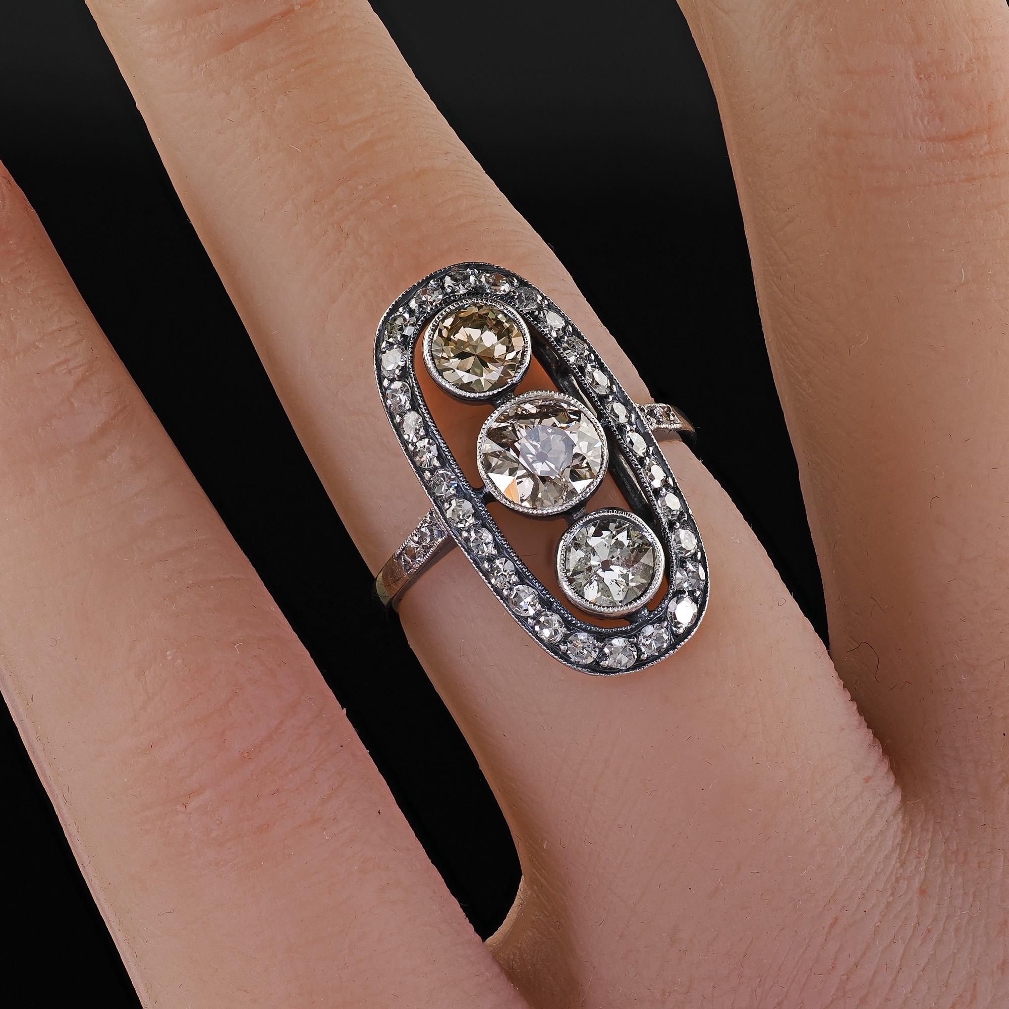 Antique Polish Art Deco 14K Gold Silver Old European Diamond Three Stone Ring For Sale 6