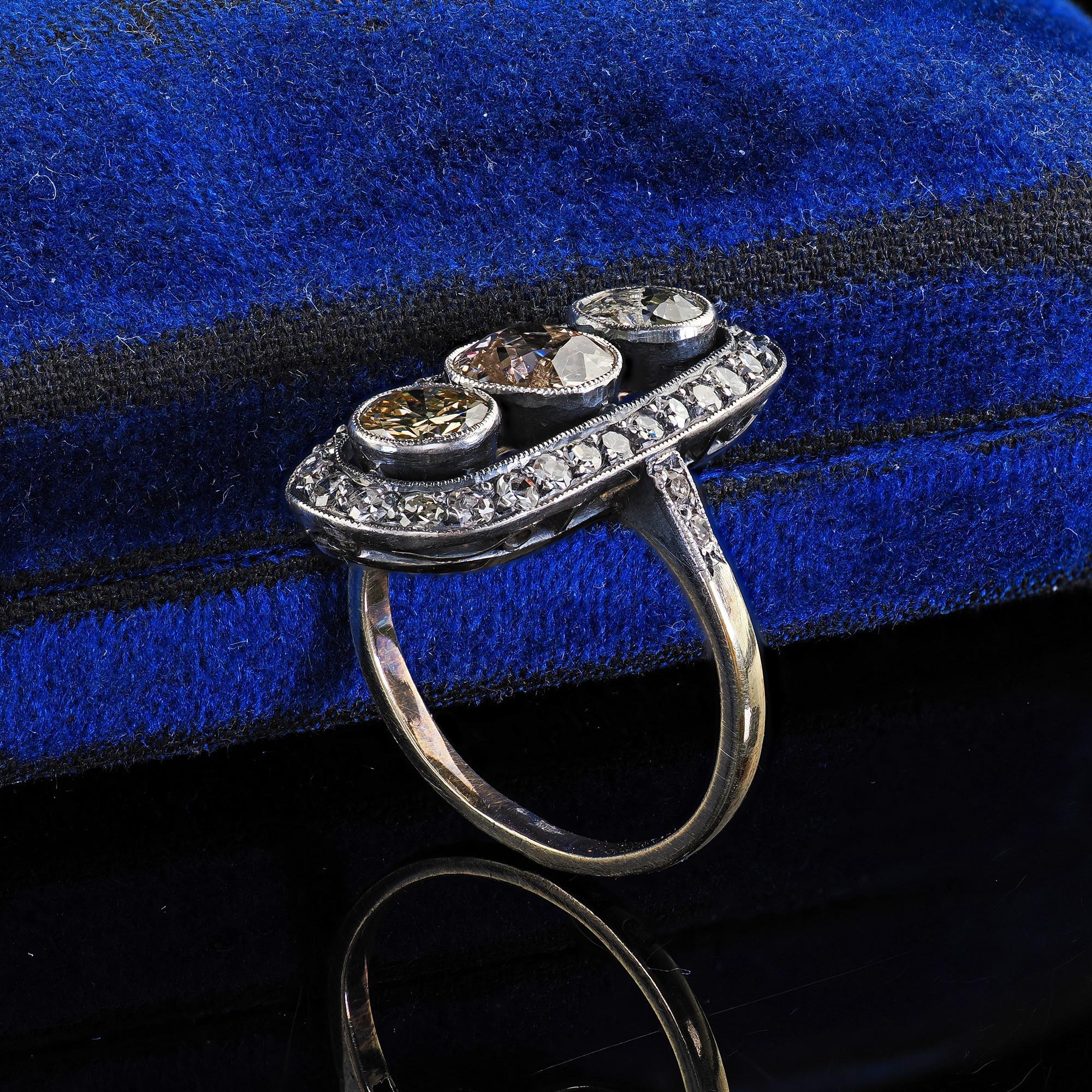 Old European Cut Antique Polish Art Deco 14K Gold Silver Old European Diamond Three Stone Ring For Sale