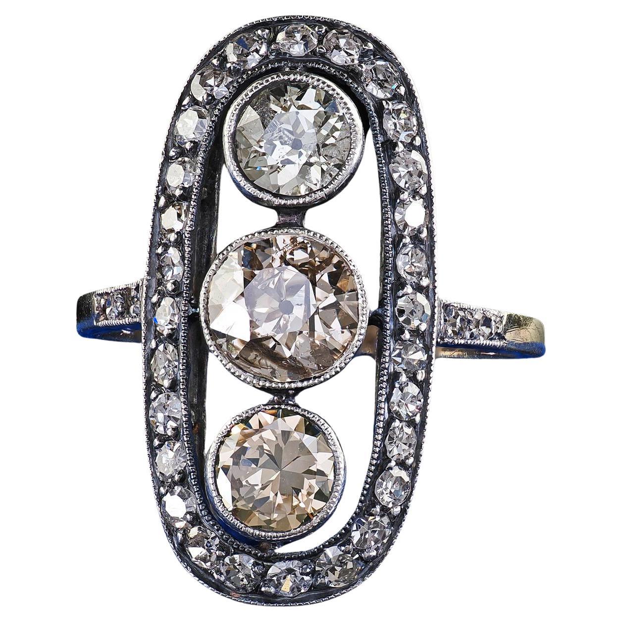 Antique Polish Art Deco 14K Gold Silver Old European Diamond Three Stone Ring For Sale