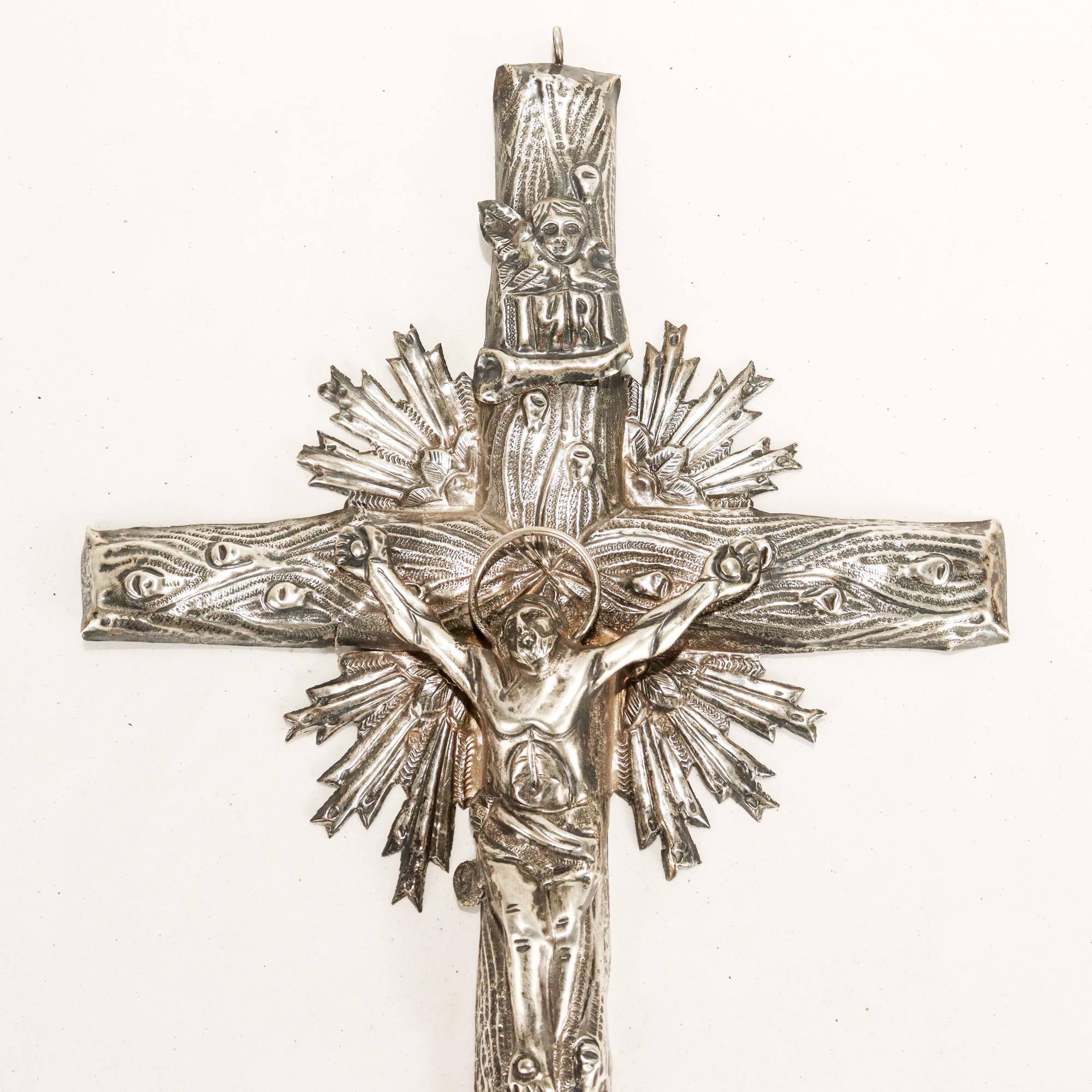 Antique Polish Solid Silver Eastern Orthodox Cross or Crucifix In Fair Condition In Philadelphia, PA