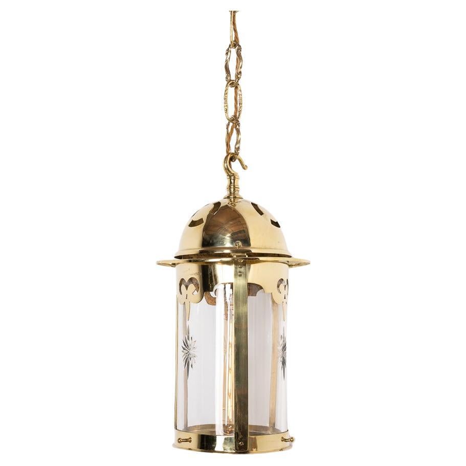 Antique Polished Brass Arts & Crafts Hall Lantern with Crystal Glass Shade