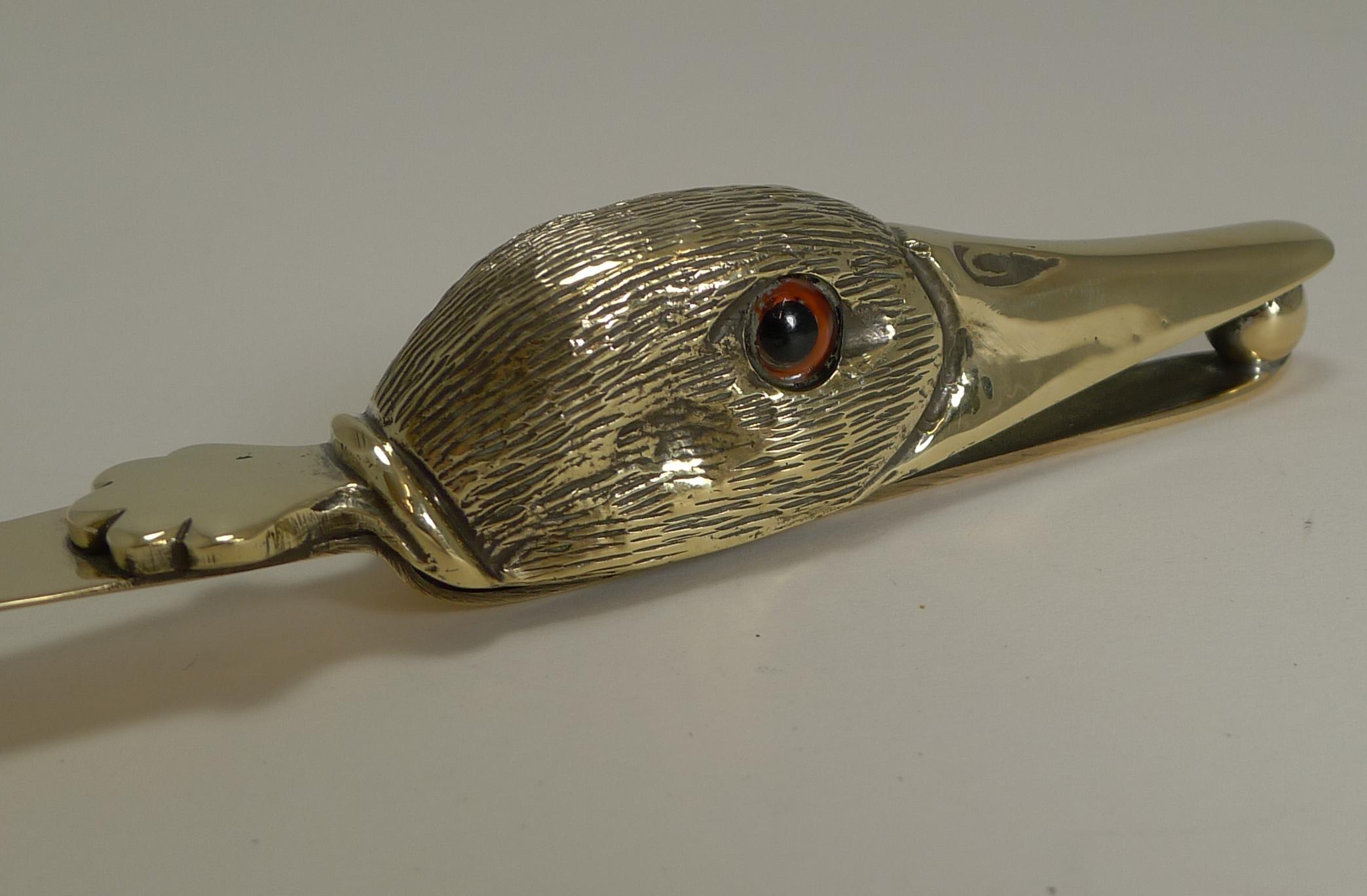 Edwardian Antique Polished Brass Novelty Letter Opener, Duck With Glass Eyes, circa 1900
