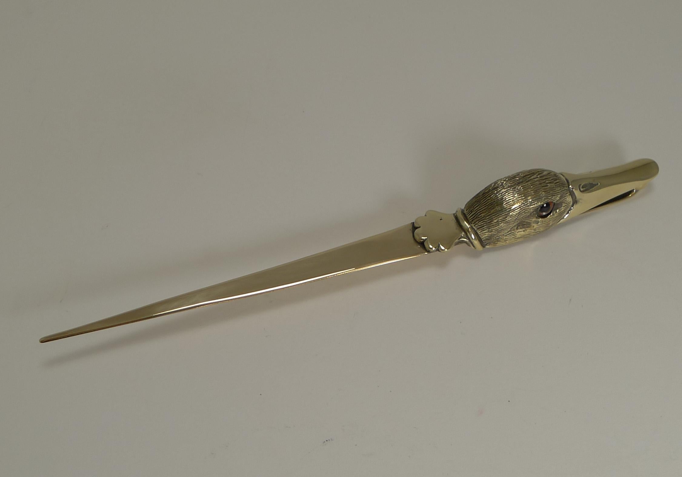 English Antique Polished Brass Novelty Letter Opener, Duck With Glass Eyes, circa 1900