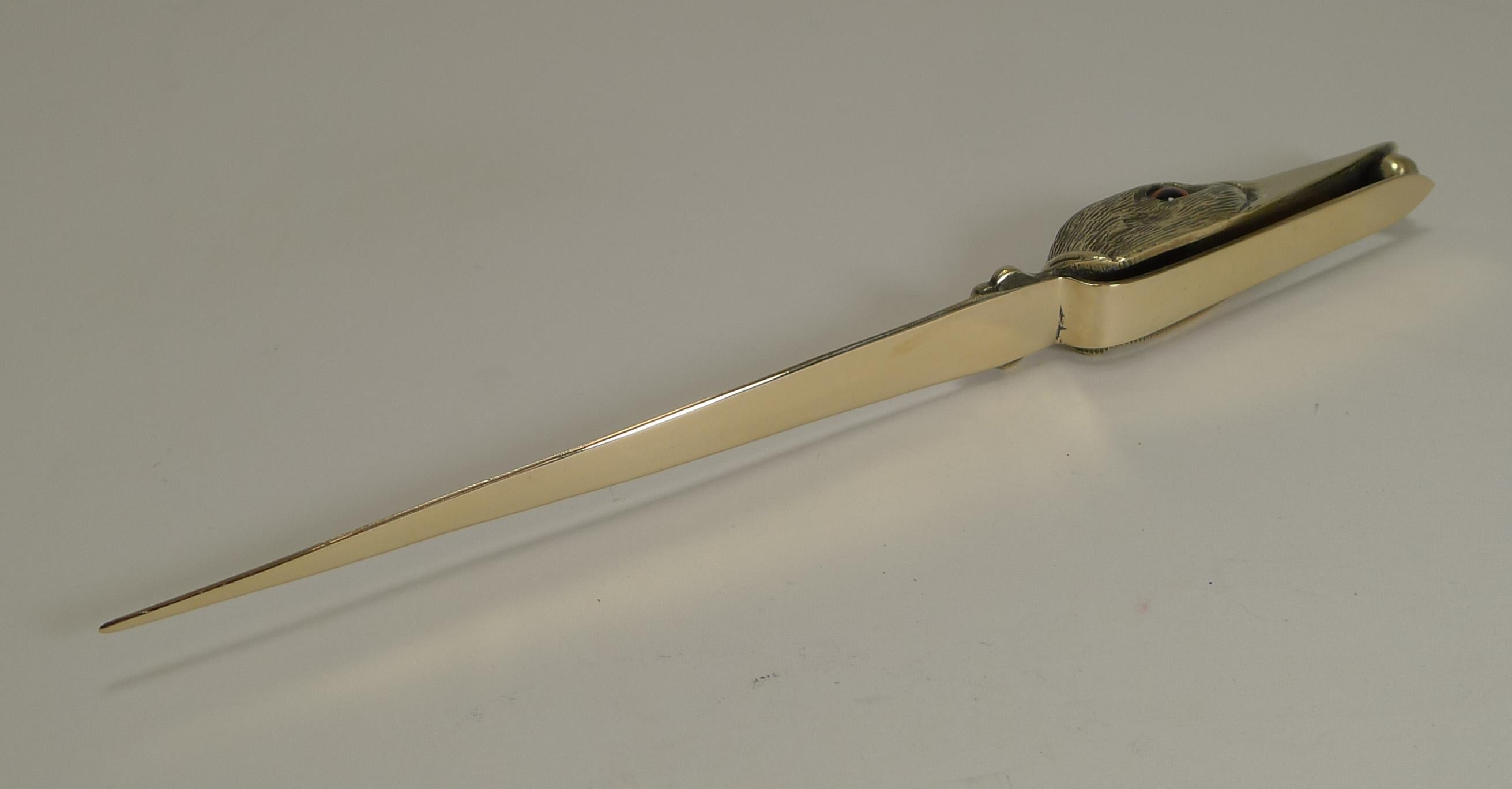 Antique Polished Brass Novelty Letter Opener, Duck With Glass Eyes, circa 1900 In Good Condition In Bath, GB