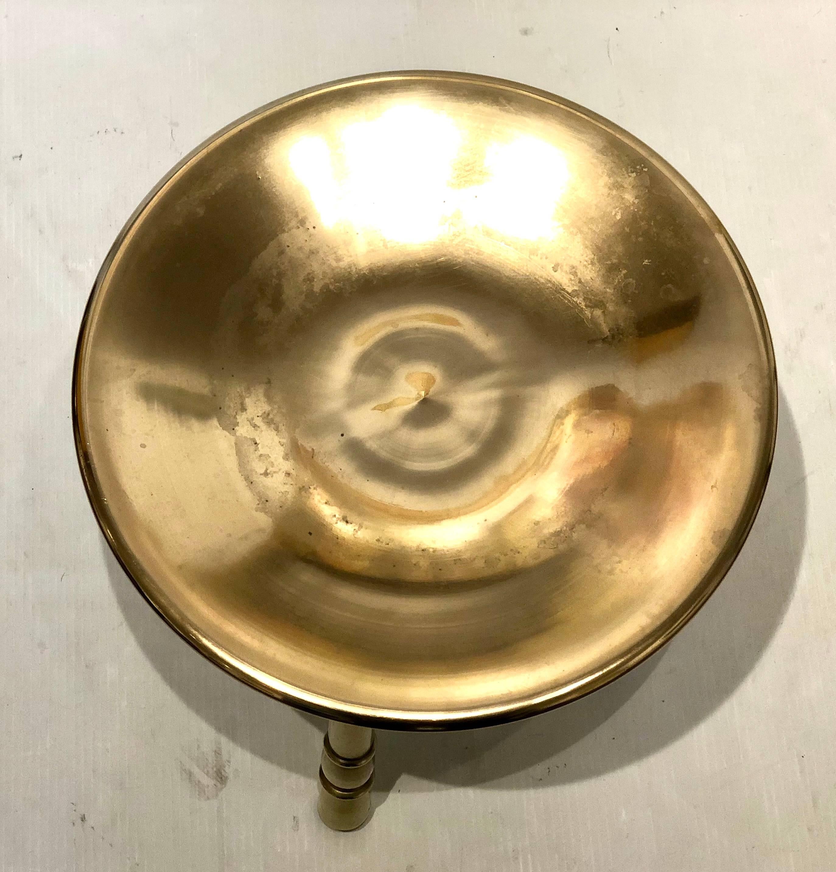 Hollywood Regency Antique Polished Brass Tri-Legged Low Stool