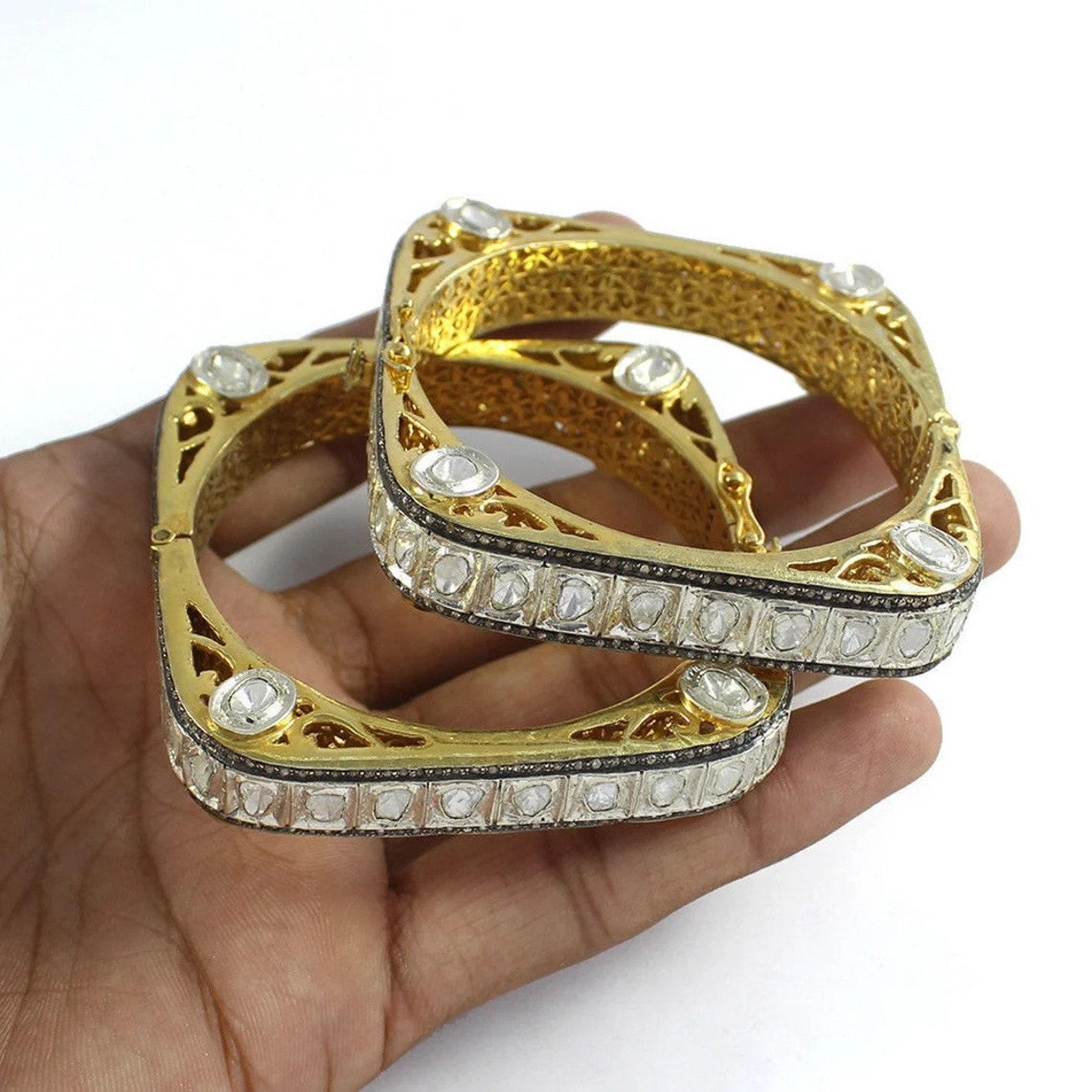 Antique Polki Diamond bangle Natural Diamond Victorian Bracelet 2 pc set In New Condition For Sale In Chicago, IL