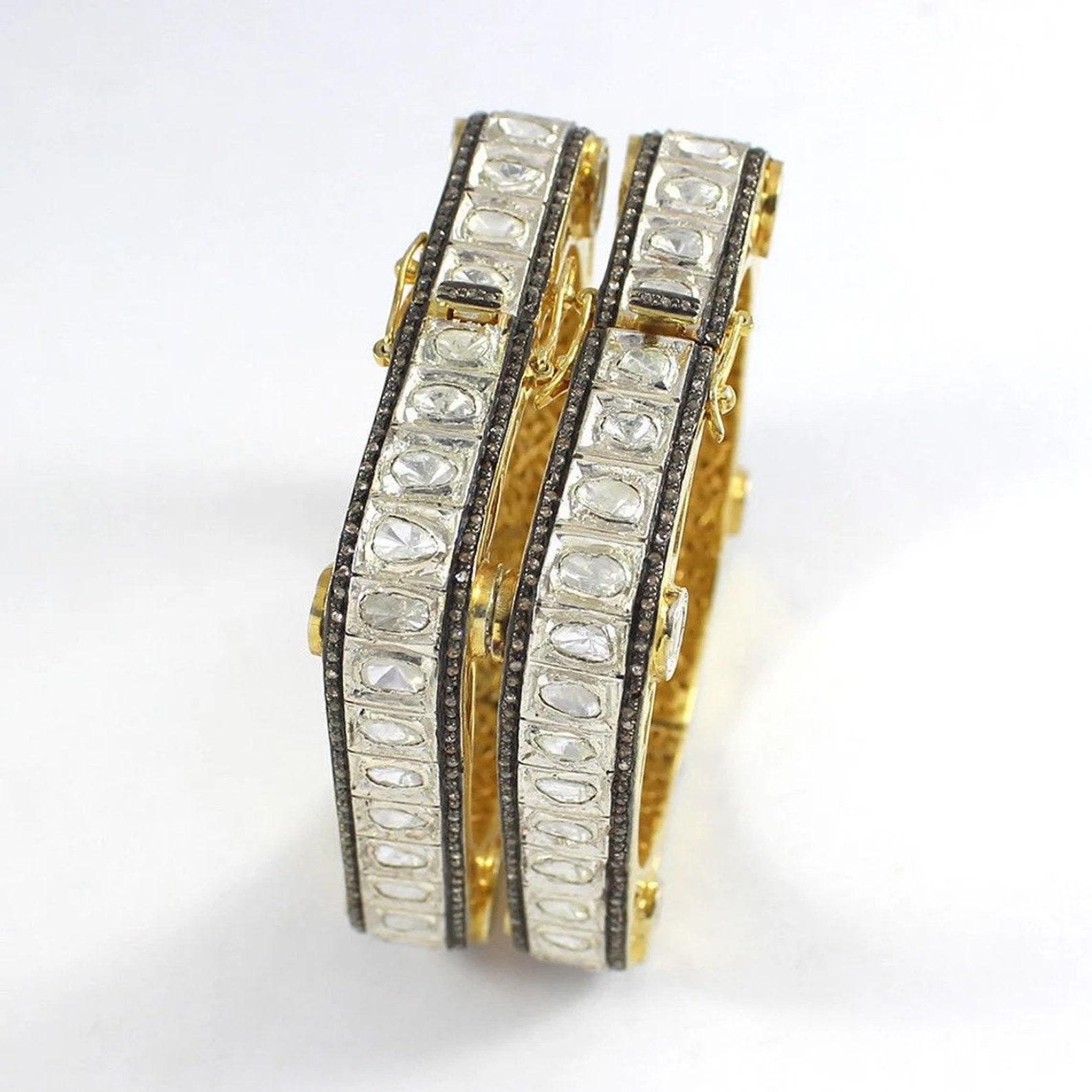 Women's Antique Polki Diamond bangle Natural Diamond Victorian Bracelet 2 pc set For Sale