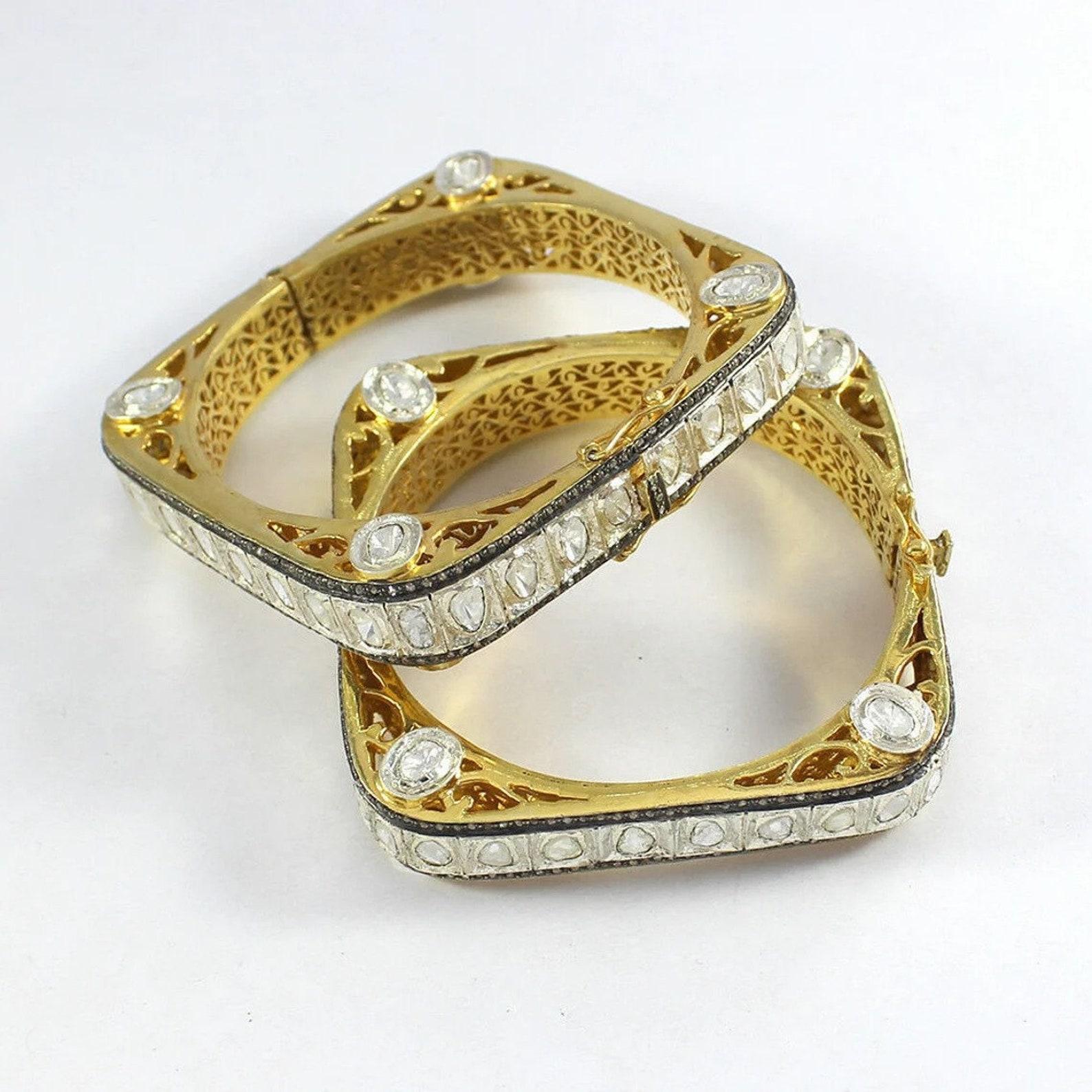 Antique Polki Diamond bangle Natural Diamond Victorian Bracelet 2 pc set For Sale 1