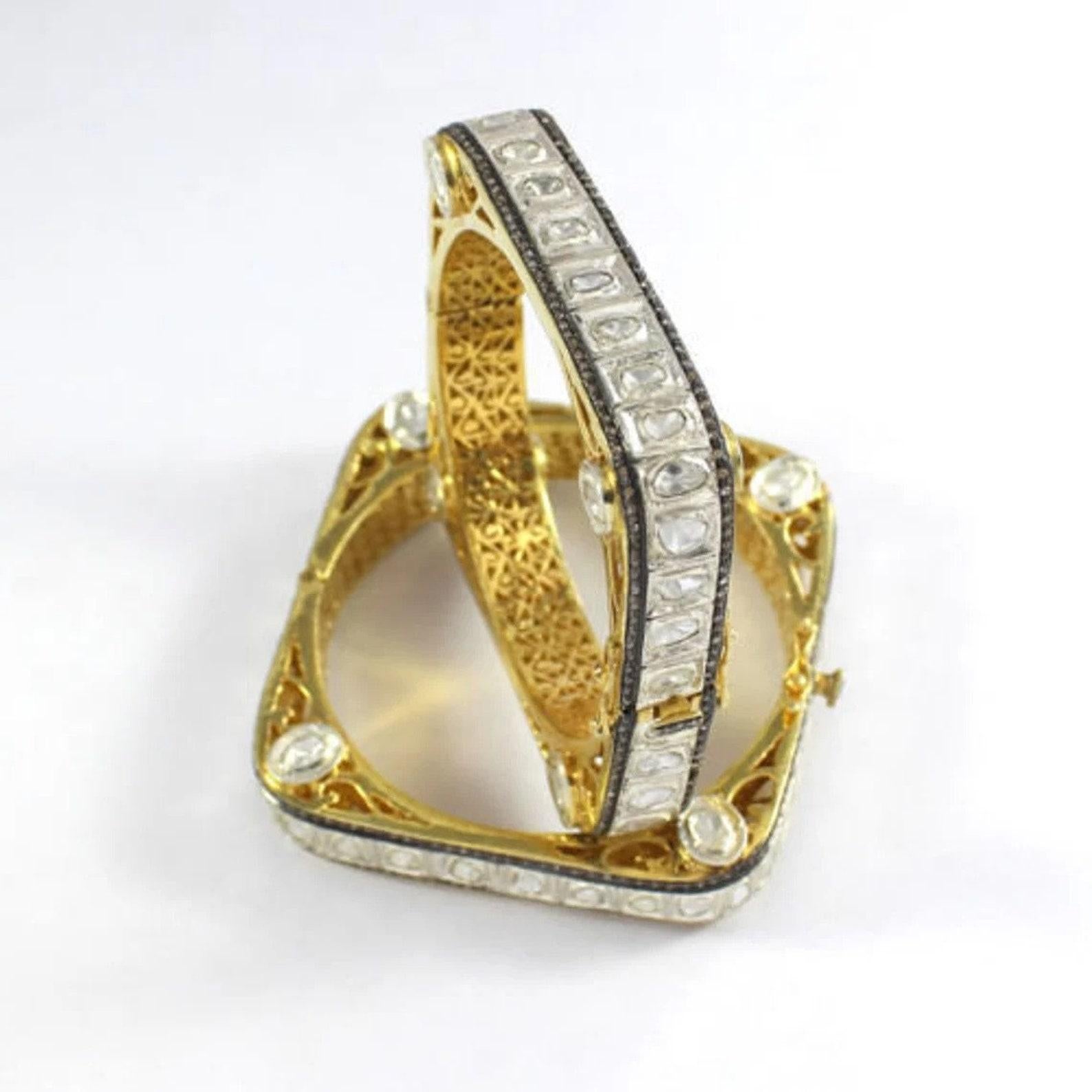 Antique Polki Diamond bangle Natural Diamond Victorian Bracelet 2 pc set For Sale 2