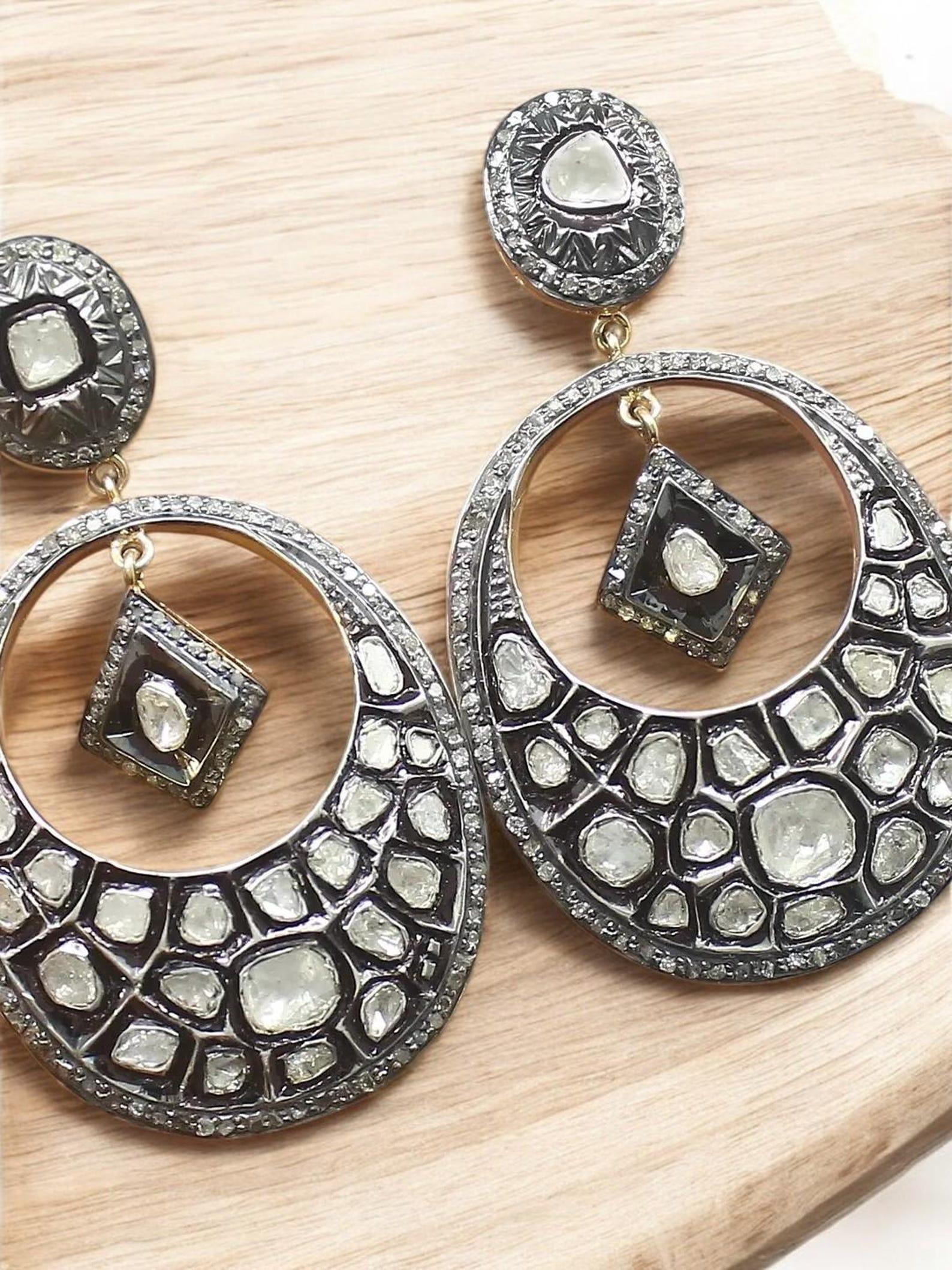 Antique Polki Diamond Earrings and  Pendant 2 pc set Victorian Jewelry In New Condition For Sale In Chicago, IL