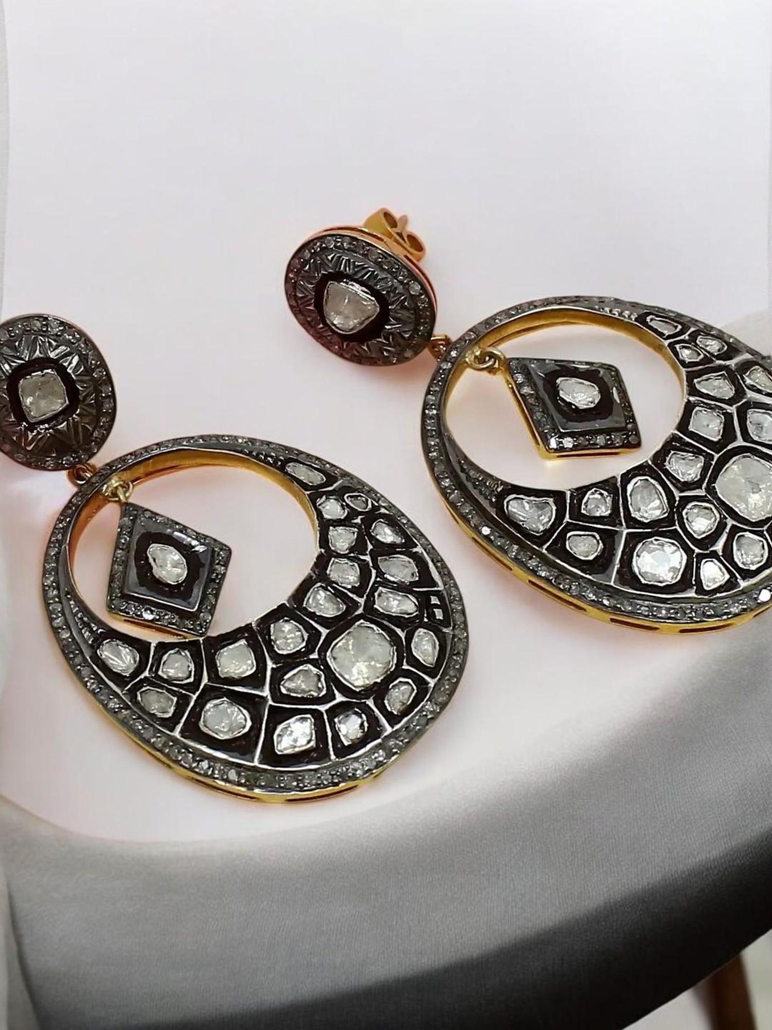 Antique Polki Diamond Earrings and  Pendant 2 pc set Victorian Jewelry For Sale 2