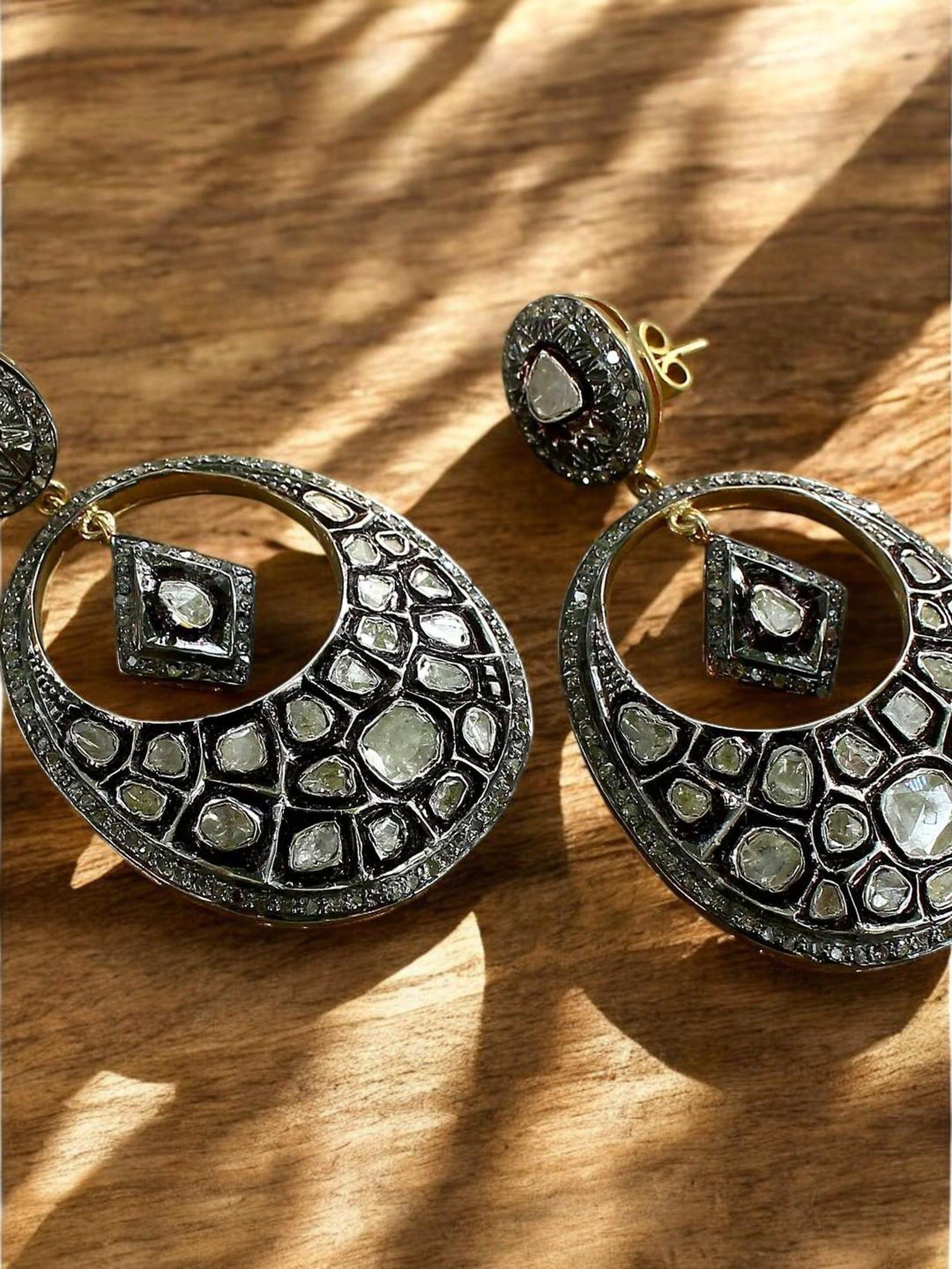Antique Polki Diamond Earrings and  Pendant 2 pc set Victorian Jewelry For Sale 3