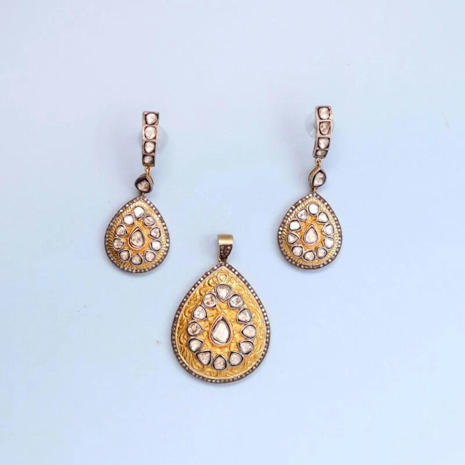 Art déco Boucles d'oreilles Polki et diamants anciens  Pendentif 3 pièces Bijoux Victoriens en vente