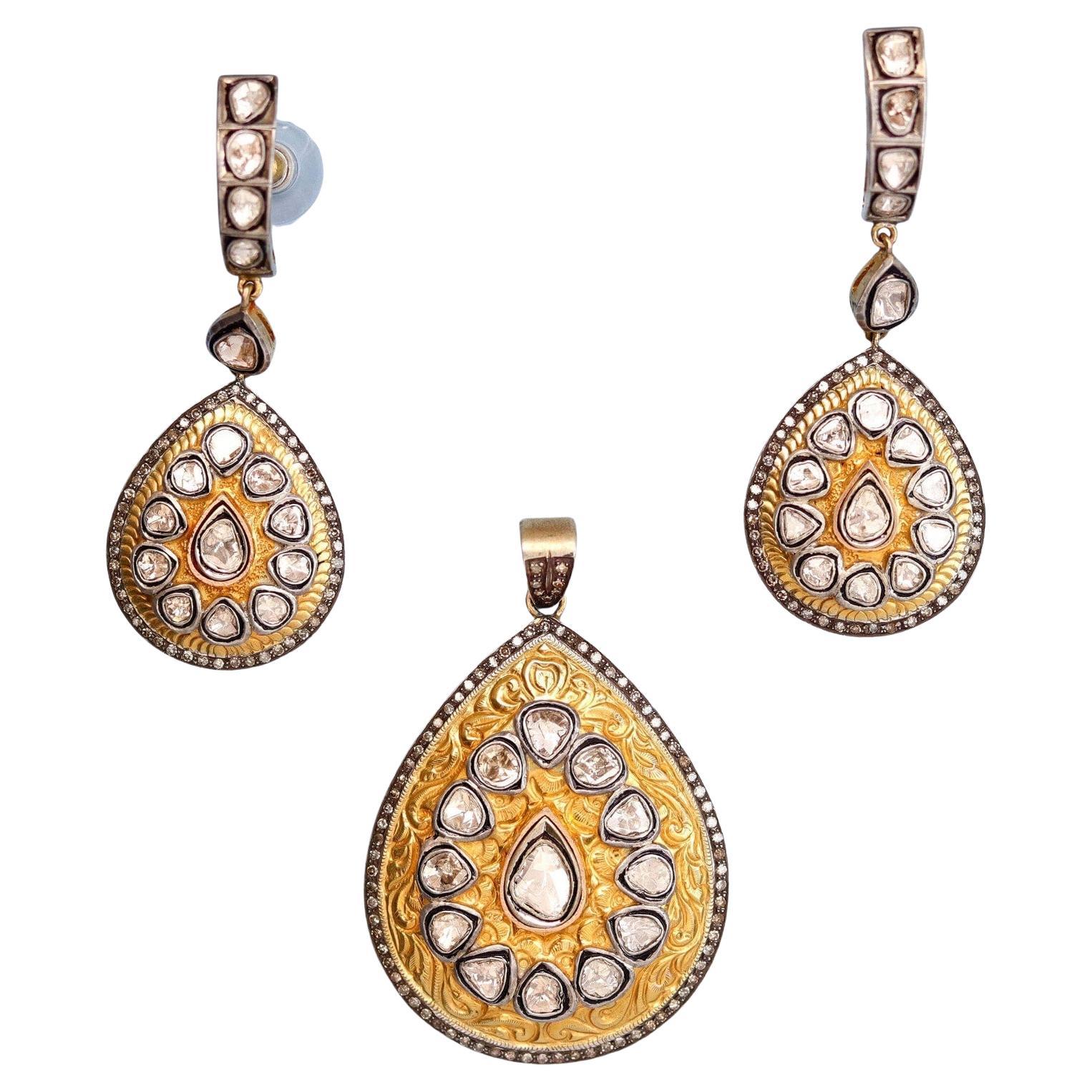 Antique Polki Diamond Earrings and  Pendant 3 pc set Victorian Jewelry