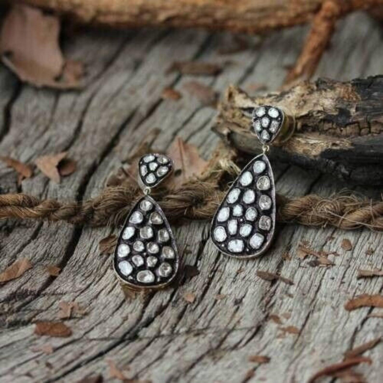 Orecchini di diamanti antichi Polki Nature Victorian  Orecchini in vendita 5