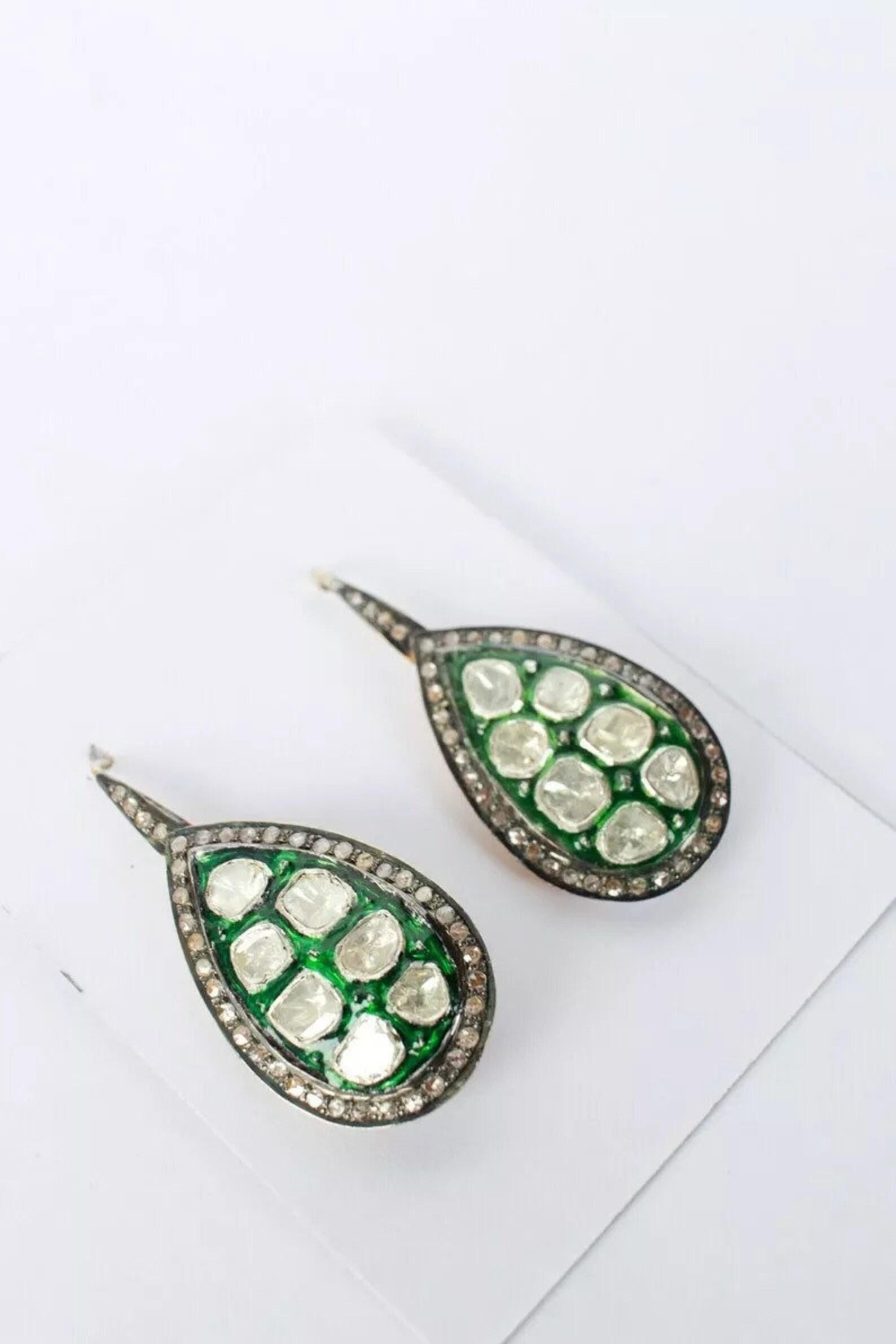 Art Deco Antique Polki Diamond Earrings Natural Diamond Victorian enamel Earrings For Sale