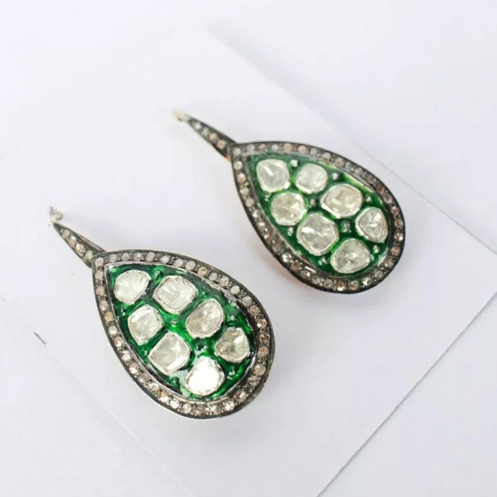Antique Cushion Cut Antique Polki Diamond Earrings Natural Diamond Victorian enamel Earrings For Sale