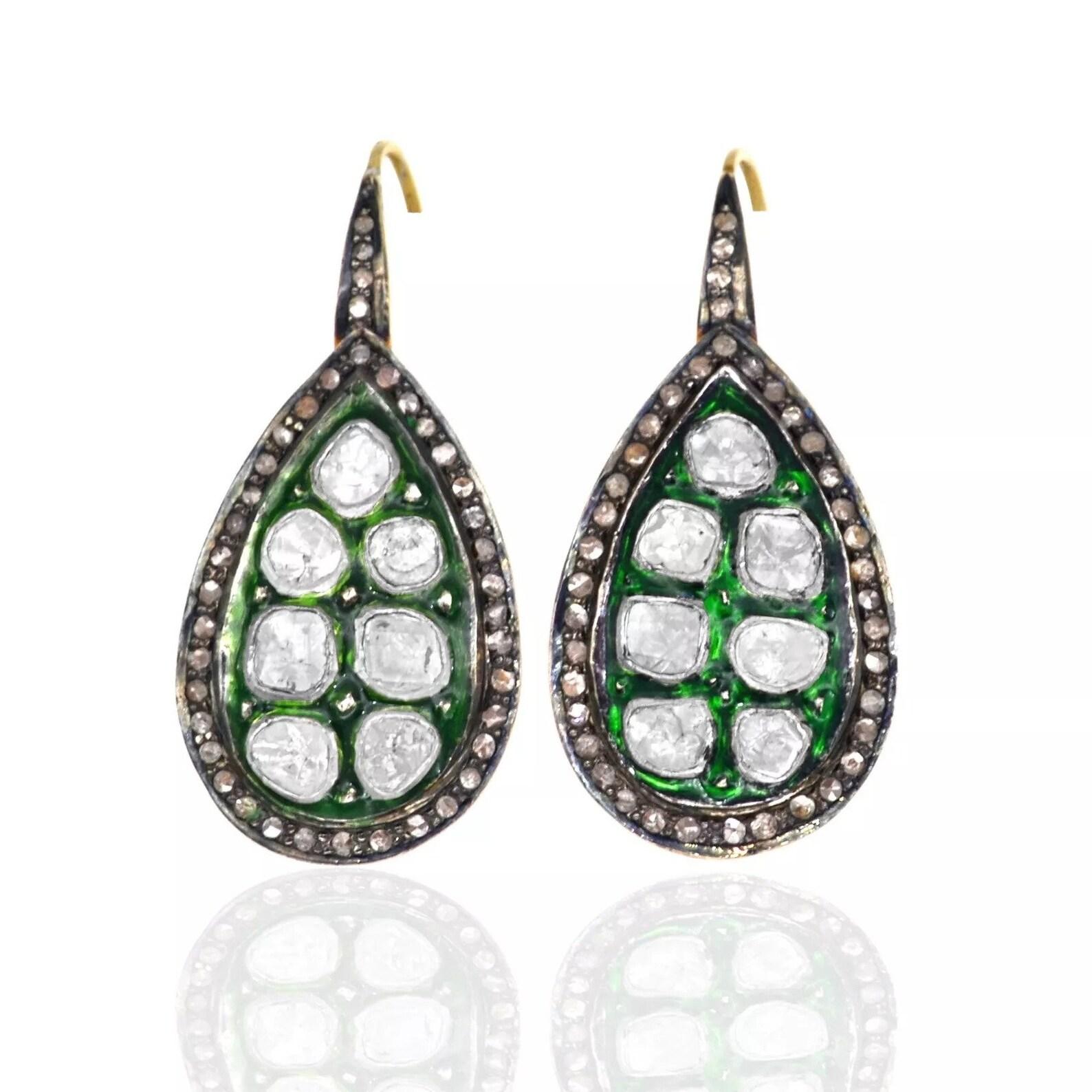 Women's Antique Polki Diamond Earrings Natural Diamond Victorian enamel Earrings For Sale