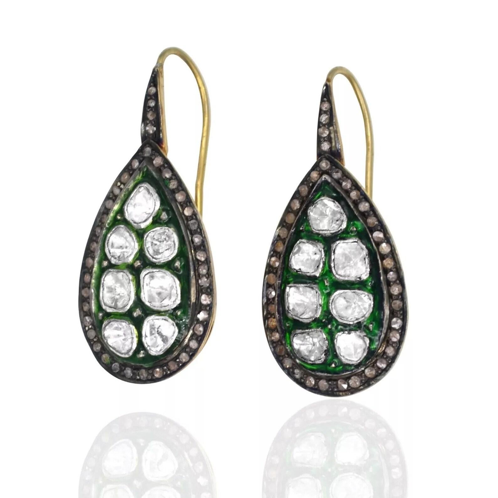 Antique Polki Diamond Earrings Natural Diamond Victorian enamel Earrings For Sale 1