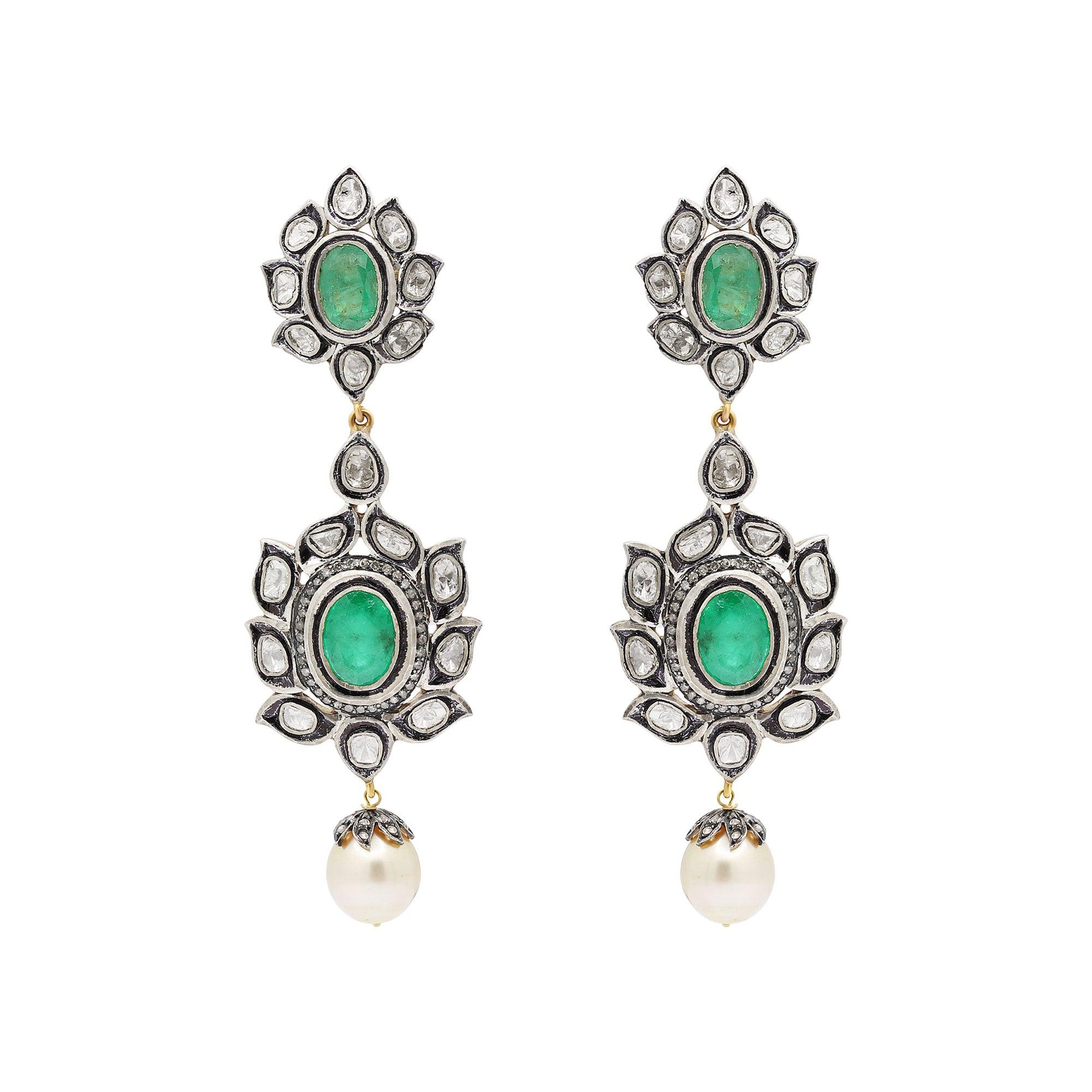 Antique Polki Diamond Emerald and pearl Earrings Natural Diamond Victorian For Sale 4