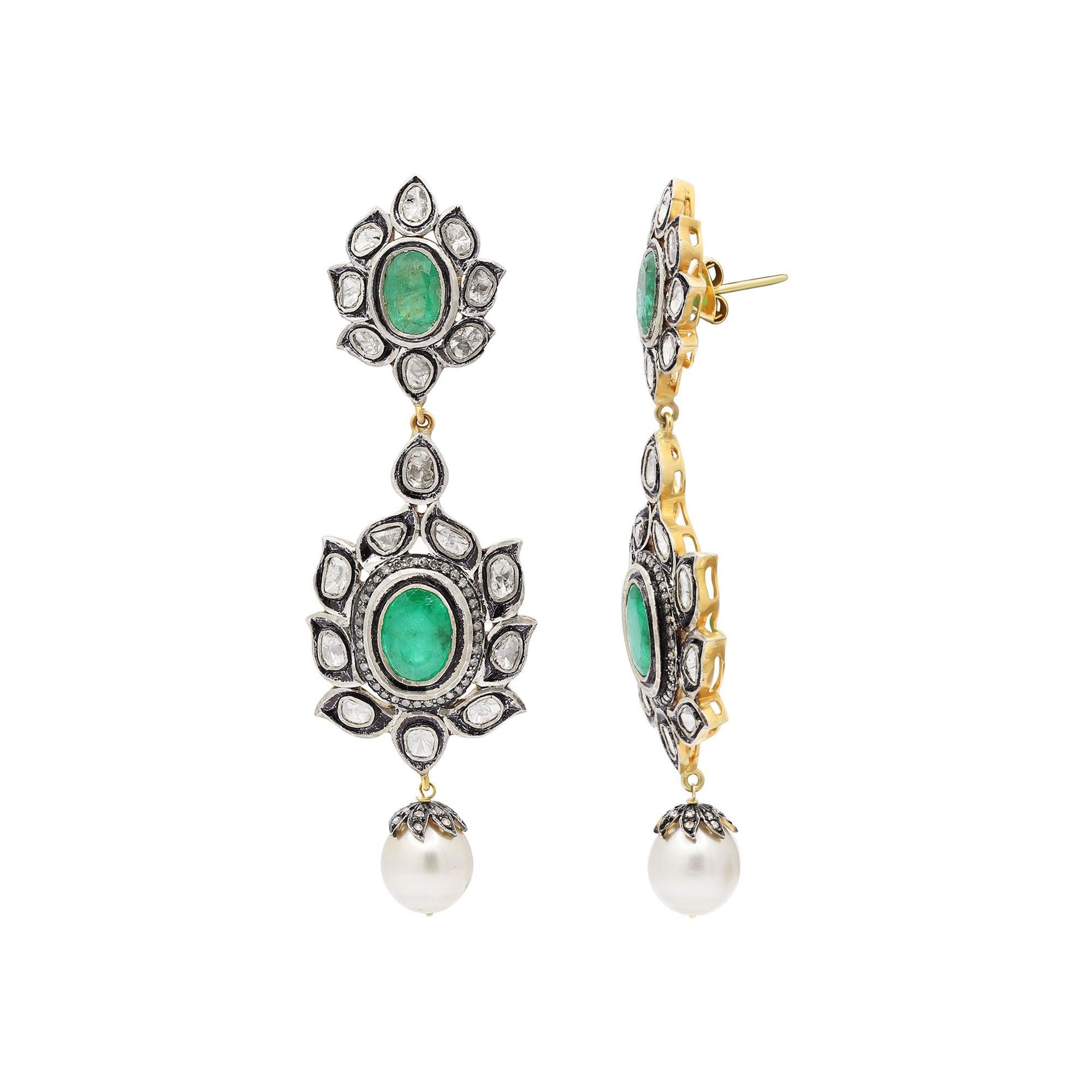 Antique Polki Diamond Emerald and pearl Earrings Natural Diamond Victorian For Sale 5