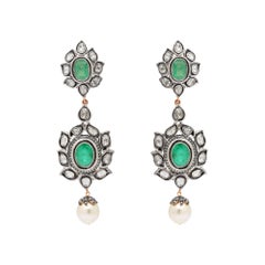 Antique Polki Diamond Emerald and pearl Earrings Natural Diamond Victorian