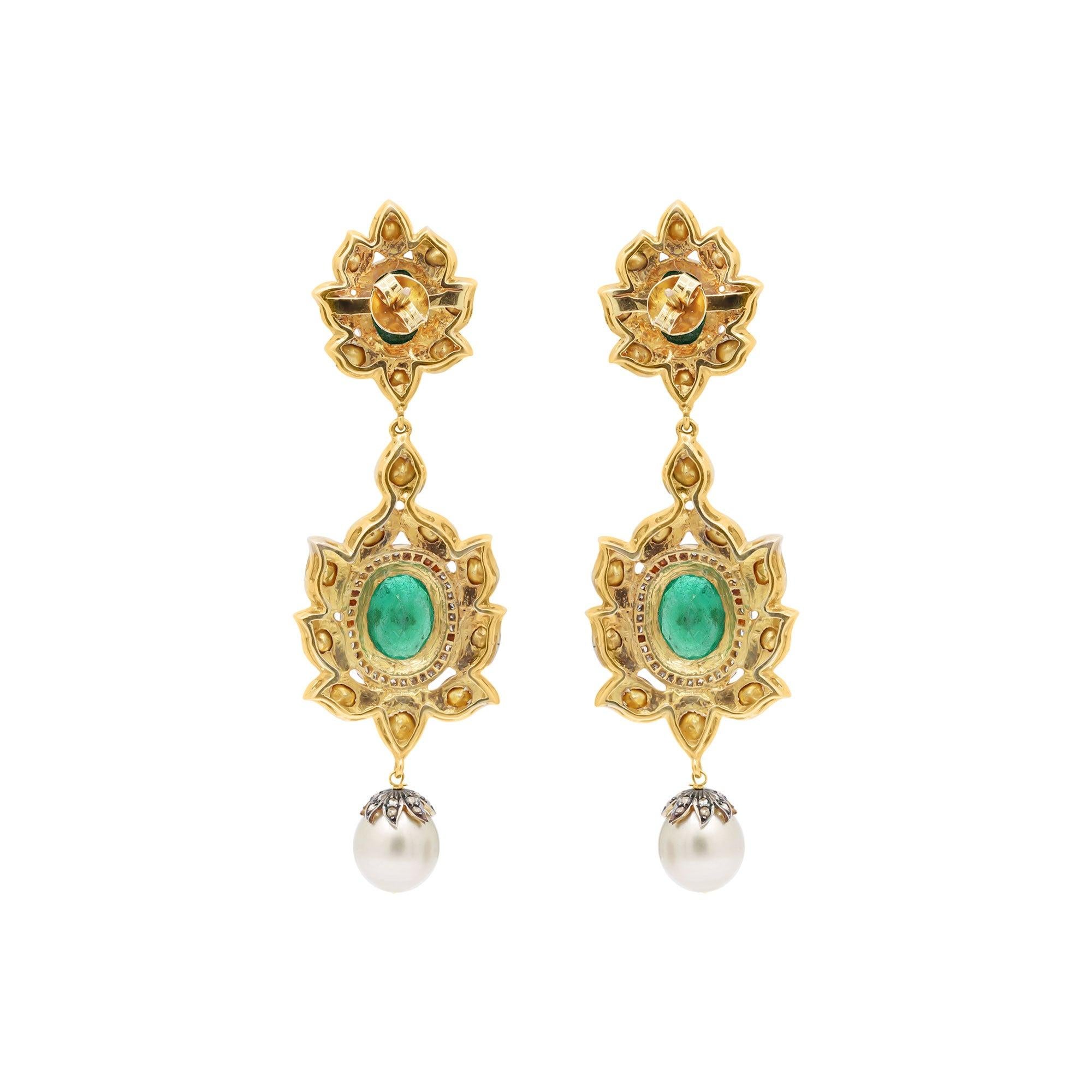 Art Deco Antique Polki Diamond Emerald and pearl Earrings Natural Diamond Victorian For Sale