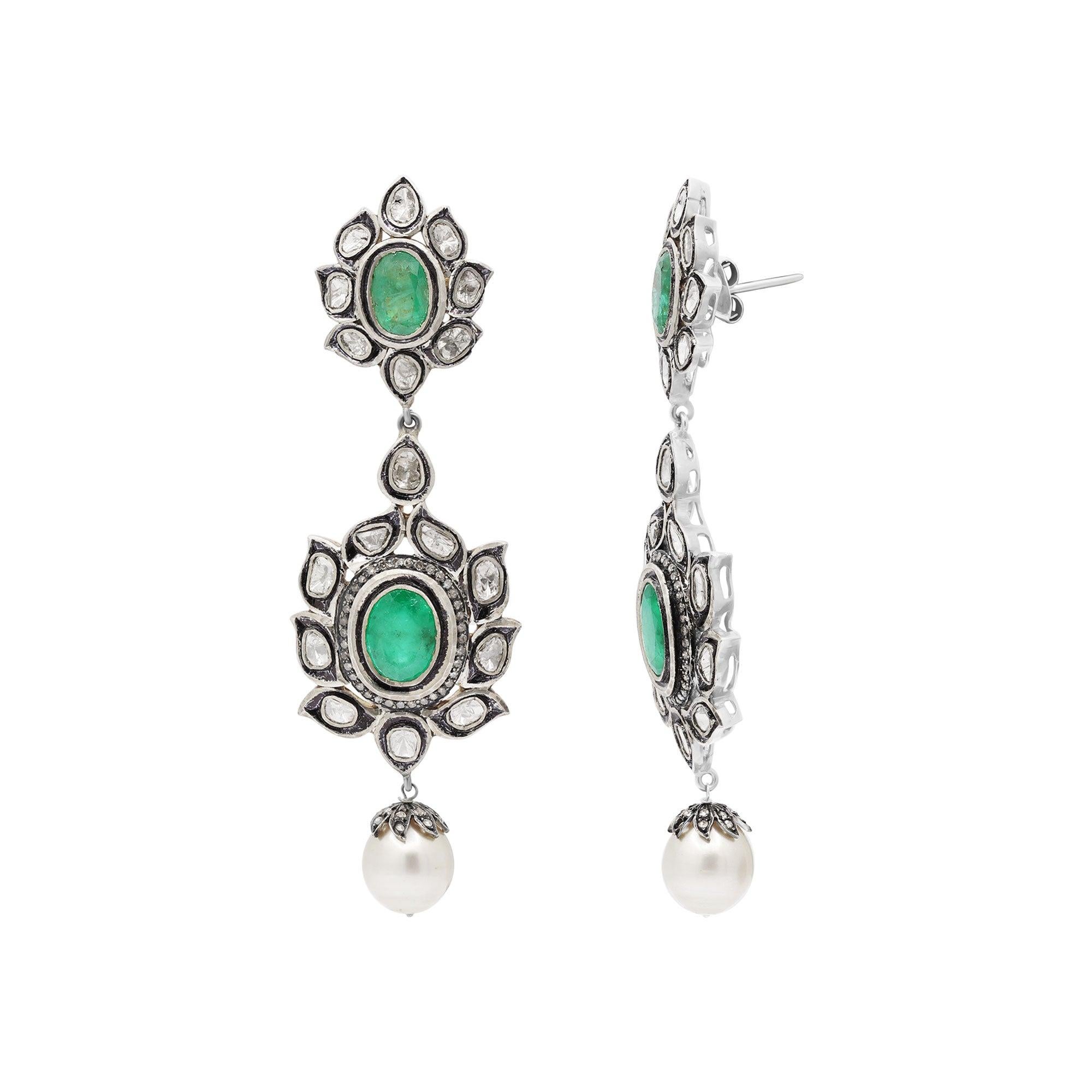Antique Polki Diamond Emerald and pearl Earrings Natural Diamond Victorian For Sale 3