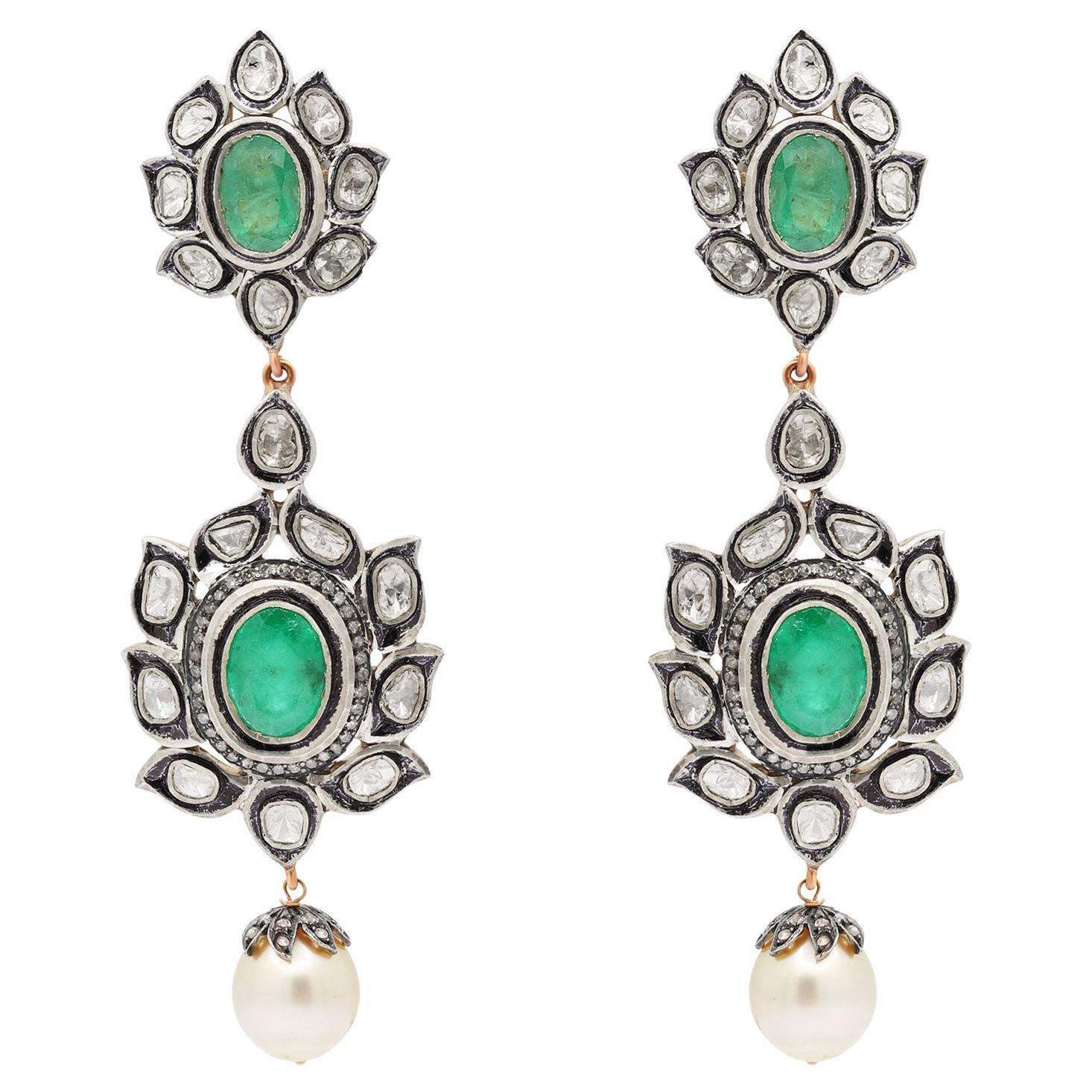 Antique Polki Diamond Emerald and pearl Earrings Natural Diamond Victorian For Sale