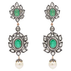 Antique Polki Diamond Emerald and pearl Earrings Natural Diamond Victorian